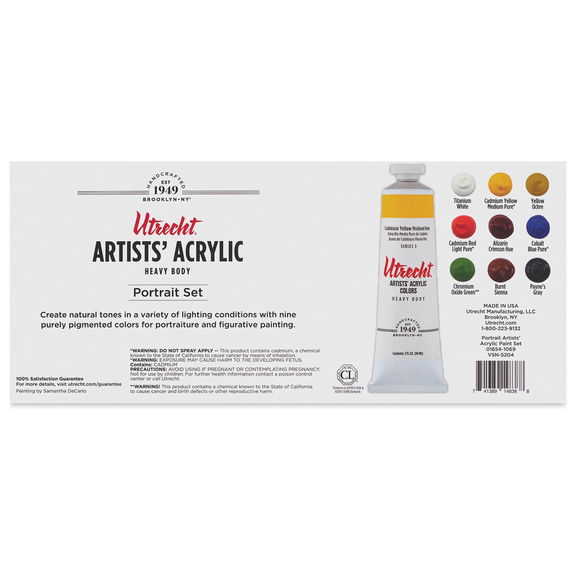 Utrecht Artists' Acrylic Paints - Set of 9, Portrait Colors, 59 ml, back of packaging