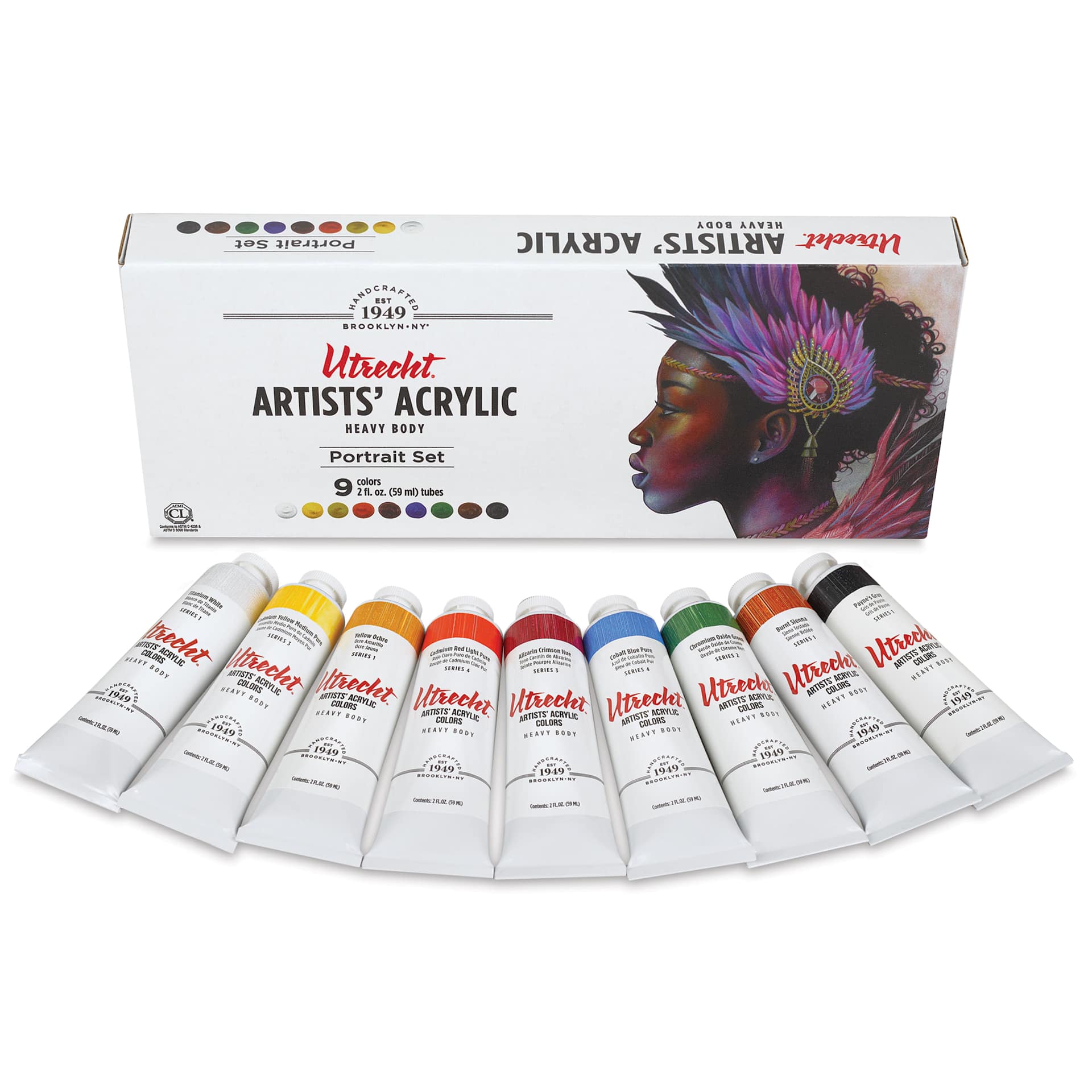 Utrecht Artists' Acrylic Paints - Set of 9, Portrait Colors, 59 ml, contents and packaging