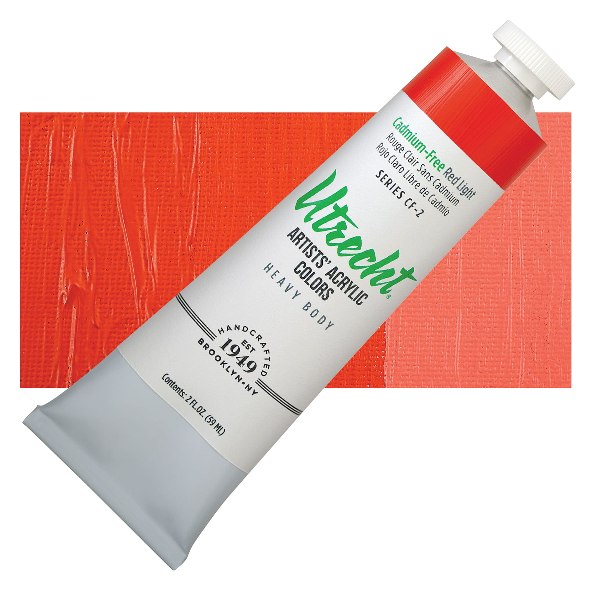 Utrecht Artists' Acrylic Paint - Cadmium-Free Red Light 20 oz tube and swatch