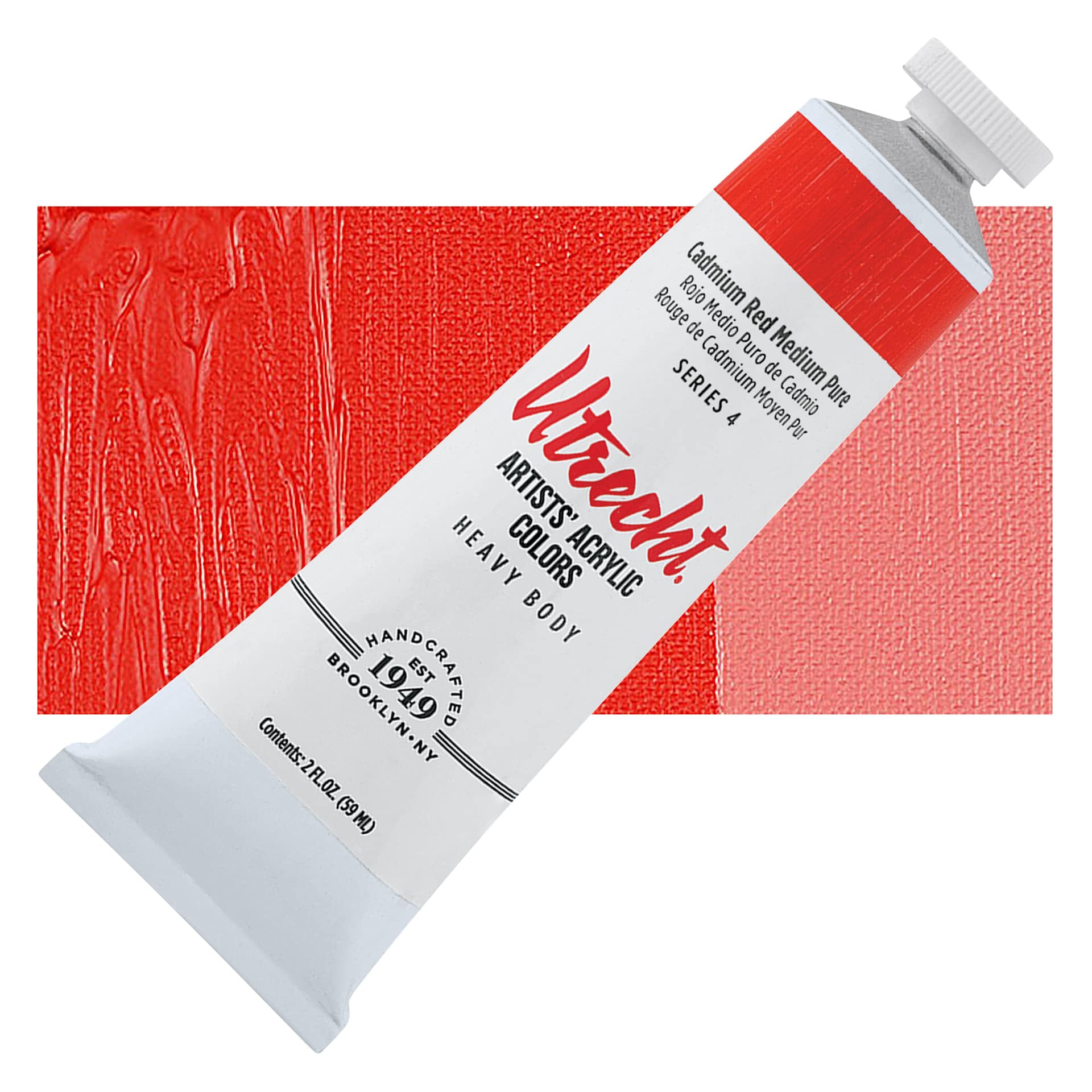 Utrecht Artists' Acrylic Paint - Cadmium Red Medium Pure, 2 oz tube and swatch