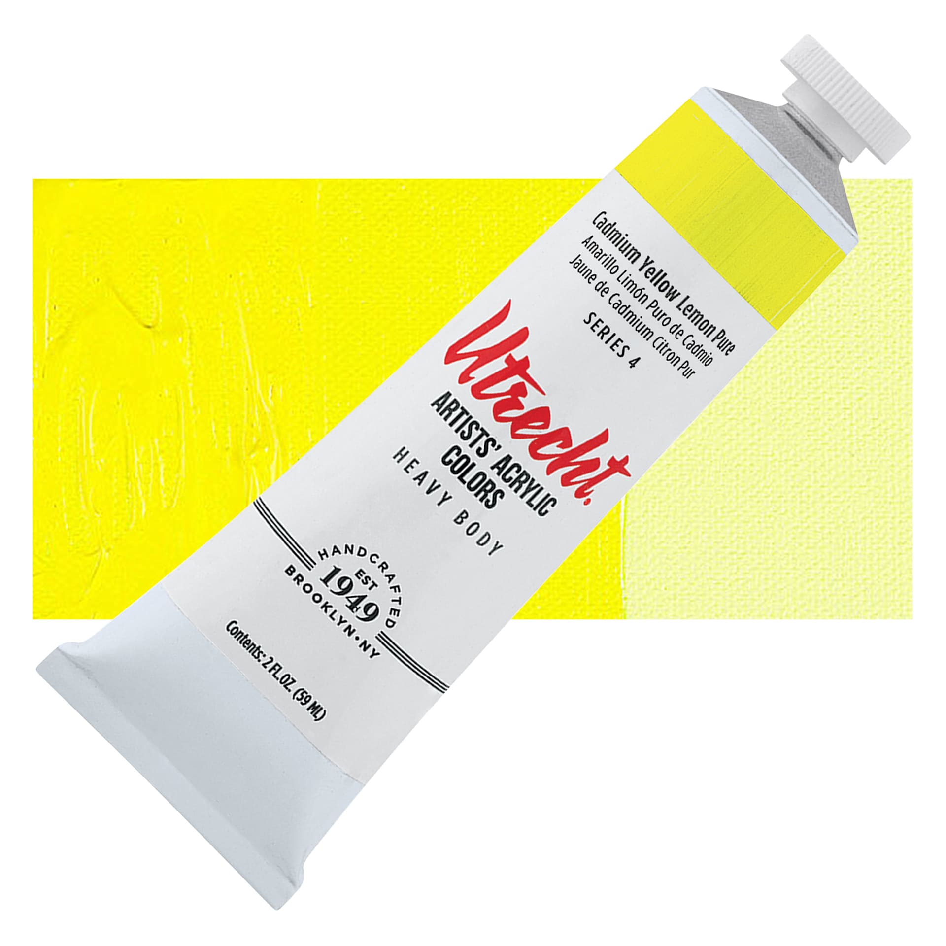 Utrecht Artists' Acrylic Paint - Cadmium Yellow Lemon Pure, 2 oz tube and swatch