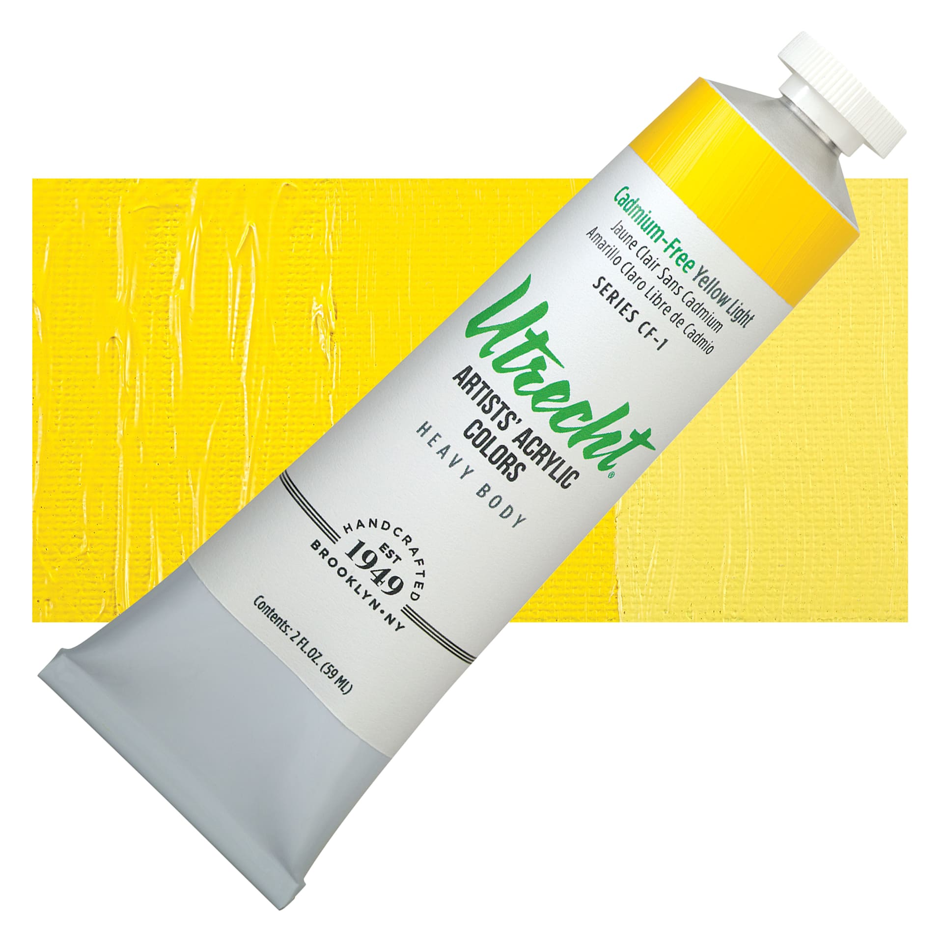 Utrecht Artists' Acrylic Paint - Cadmium-Free Yellow Light 2 oz tube and swatch