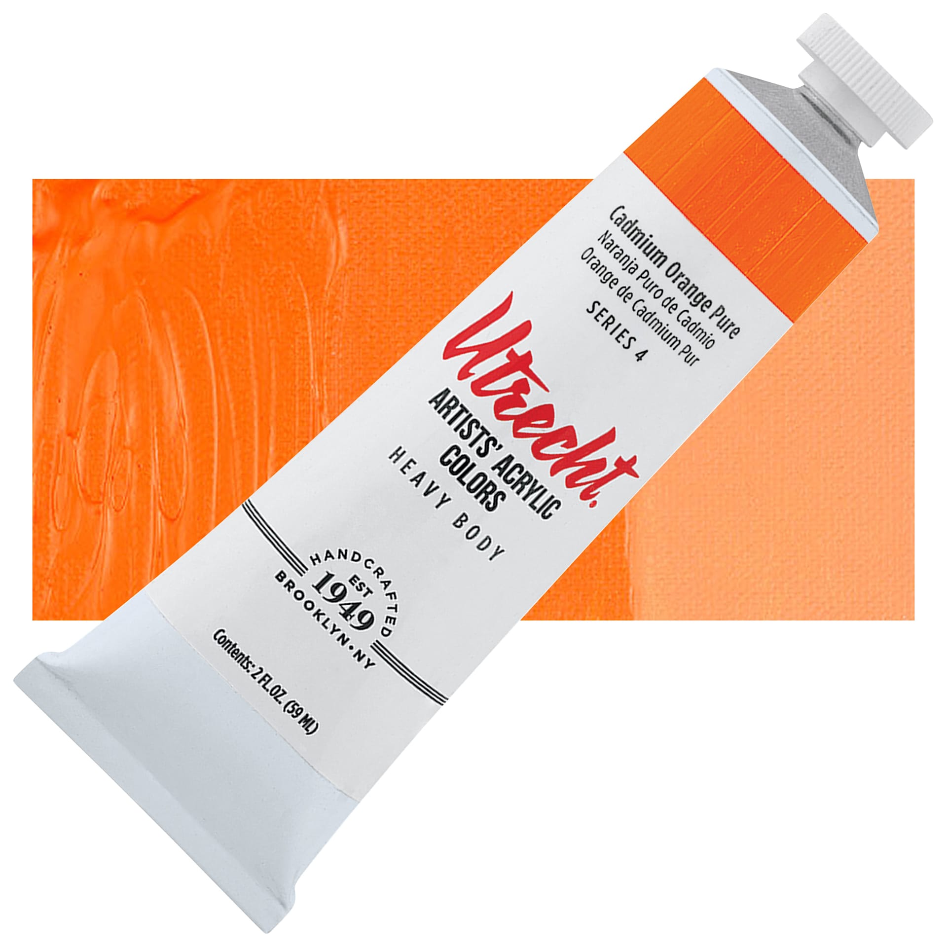 Utrecht Artists' Acrylic Paint - Cadmium Orange Pure, 2 oz tube and swatch