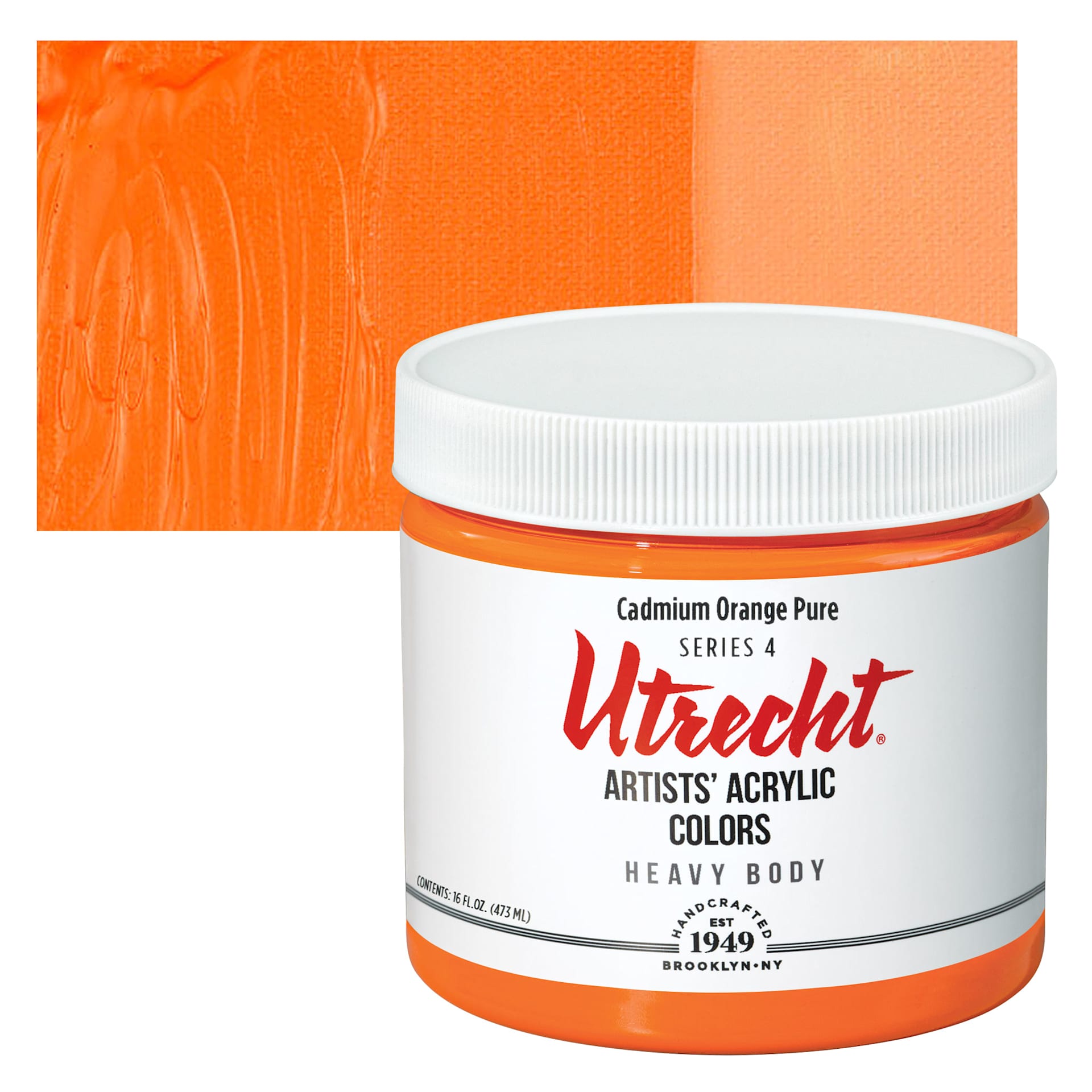 Utrecht Artists' Acrylic Paint - Cadmium Orange Pure, Pint and swatch