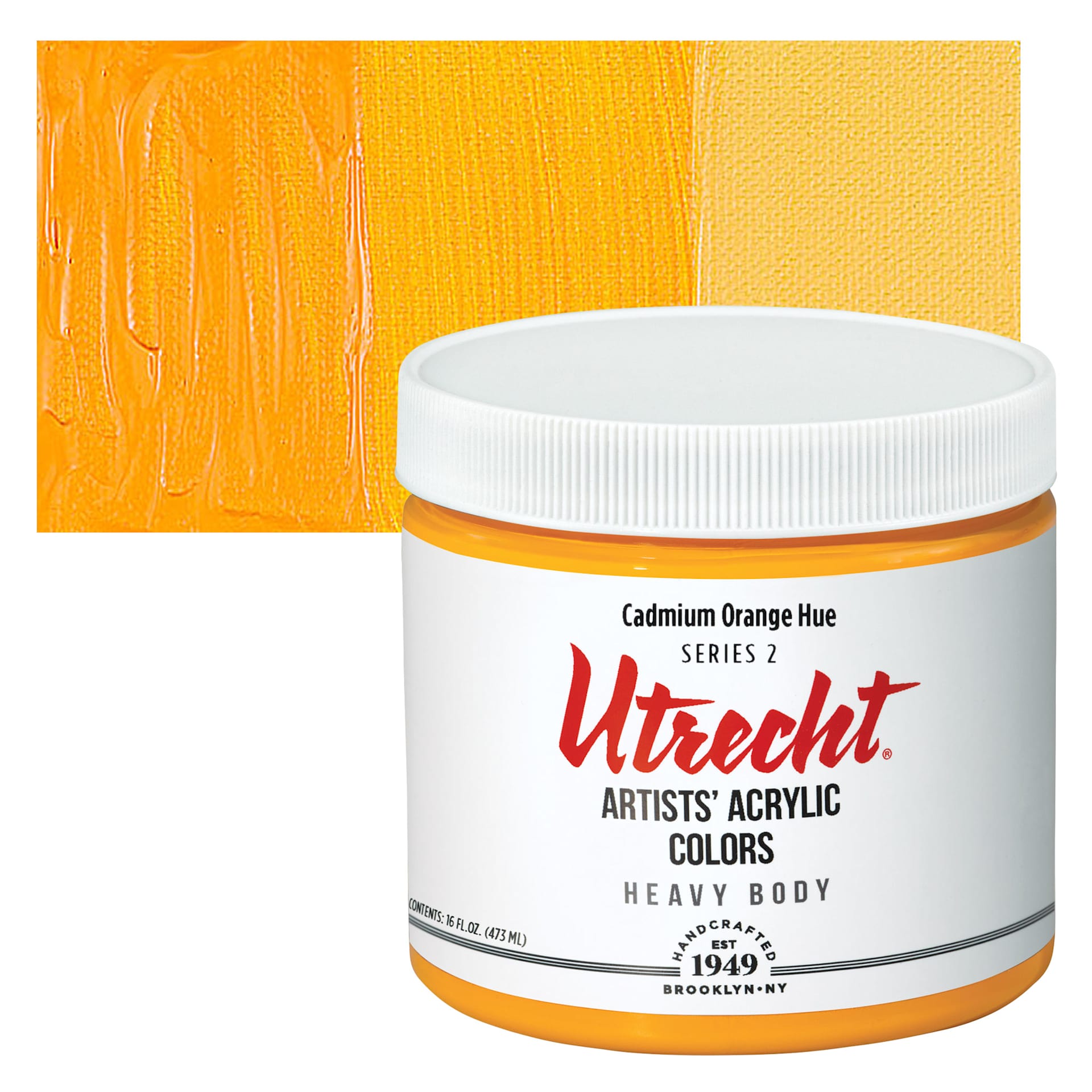 Utrecht Artists' Acrylic Paint - Cadmium Orange Hue, Pint and swatch