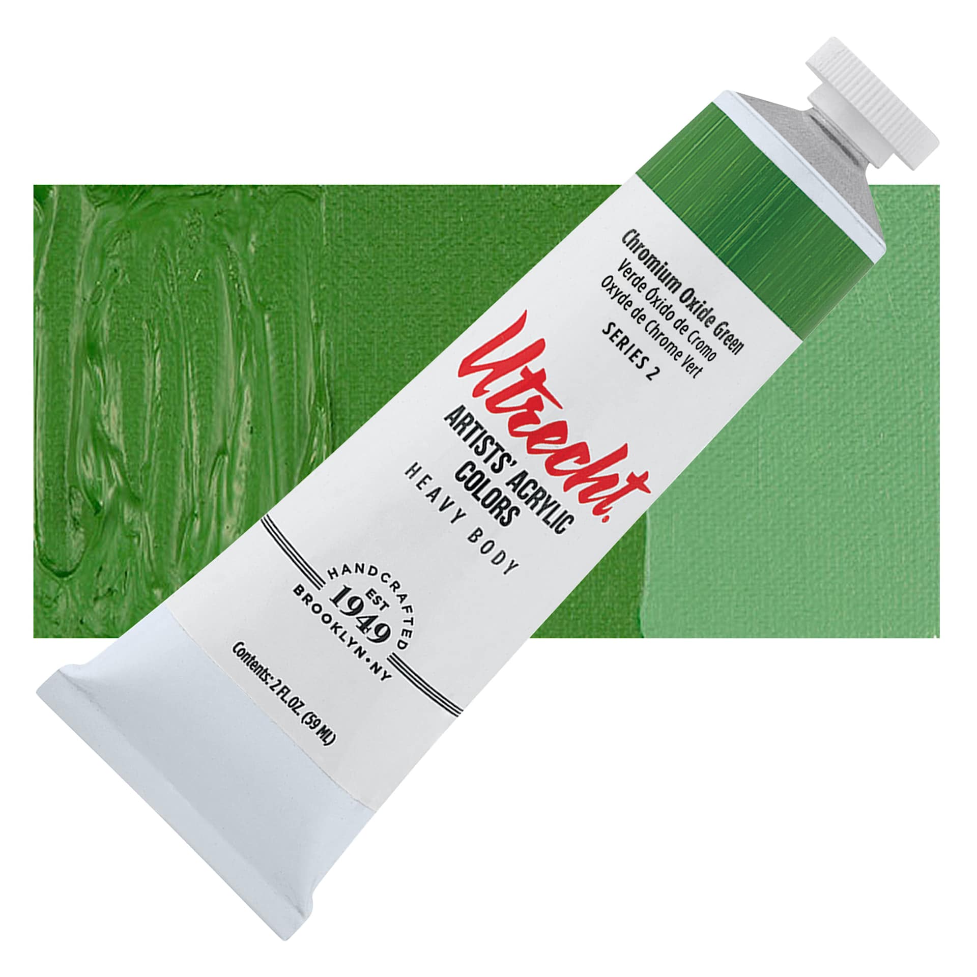 Utrecht Artists' Acrylic Paint - Chromium Oxide Green, 2 oz tube and swatch