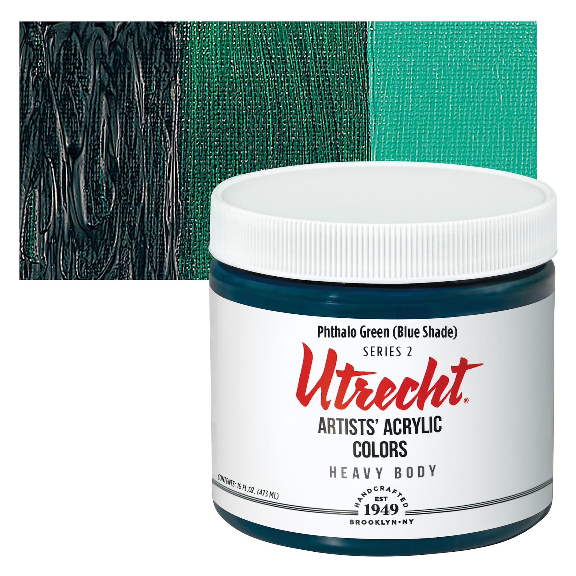 Utrecht Artists' Acrylic Paint - Phthalo Green (Blue Shade), Pint and swatch