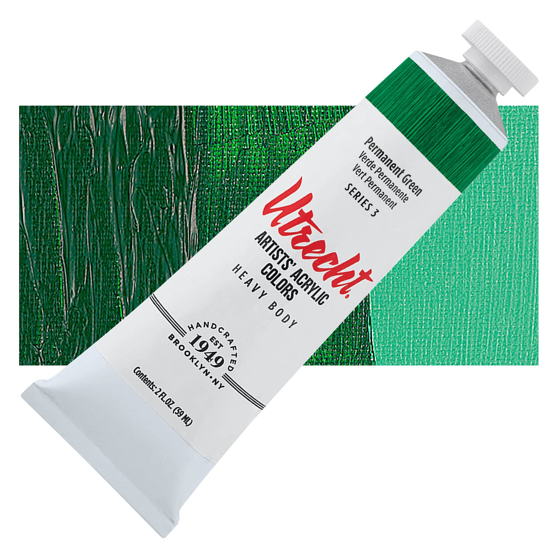 Utrecht Artists' Acrylic Paint - Permanent Green, 2 oz tube and swatch