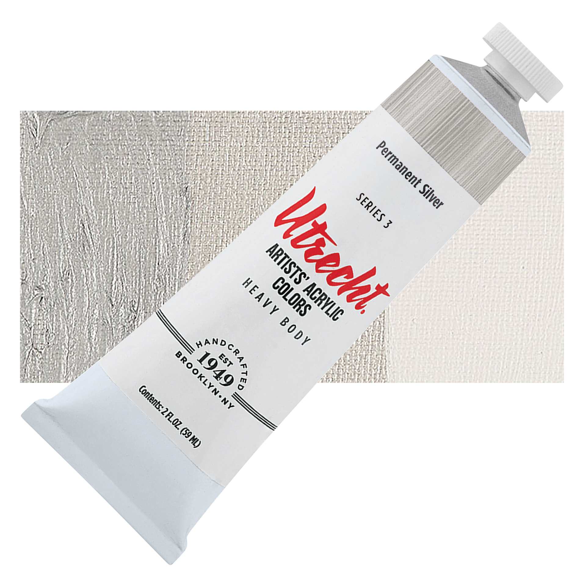 Utrecht Artists' Acrylic Paint - Permanent Silver, 2 oz tube and swatch