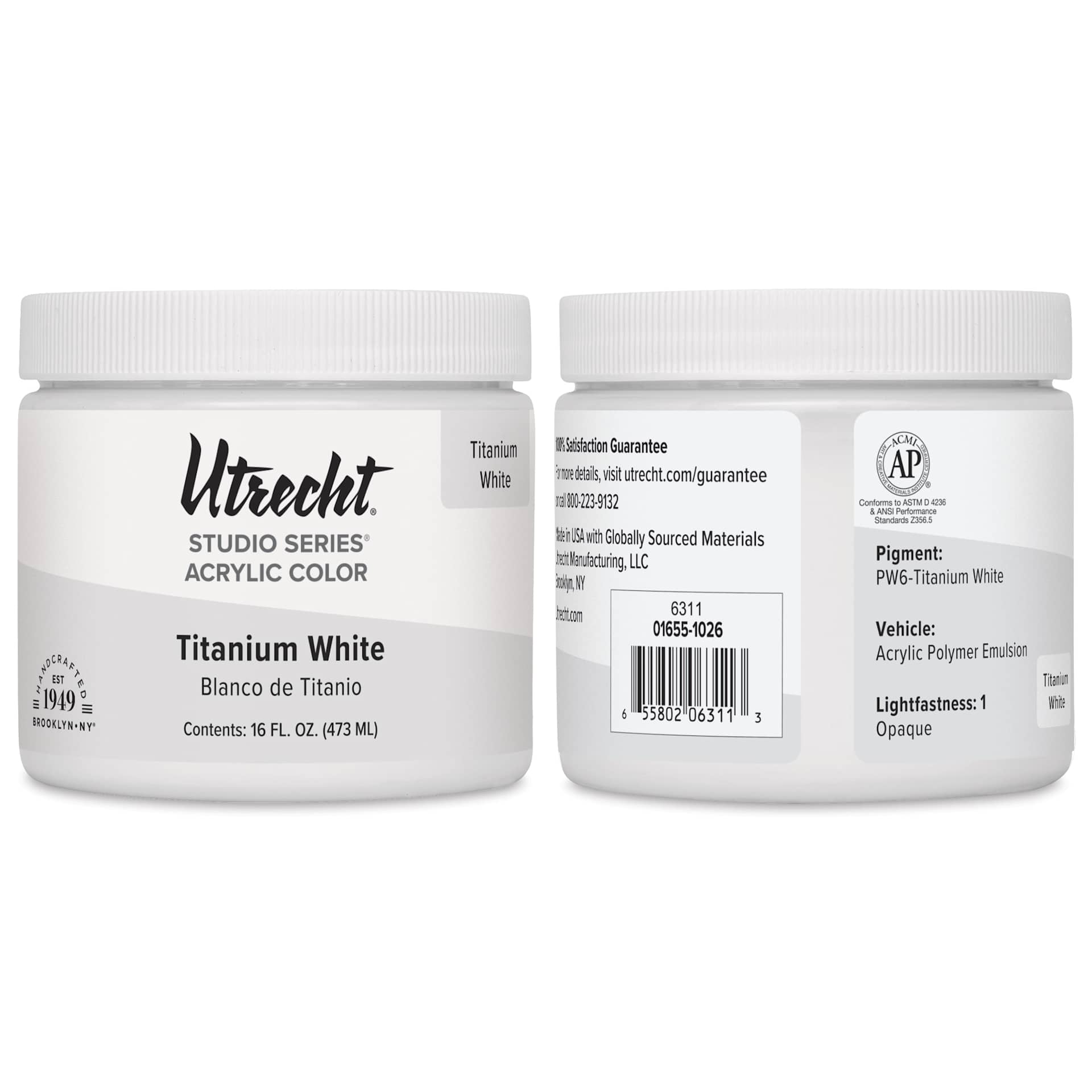 Front and side view of the Utrecht Studio Series Acrylic Titanium White Paint in the 16 oz jar. Front and side view of the Utrecht Studio Series Acrylic Titanium White Paint in the 16 oz jar.