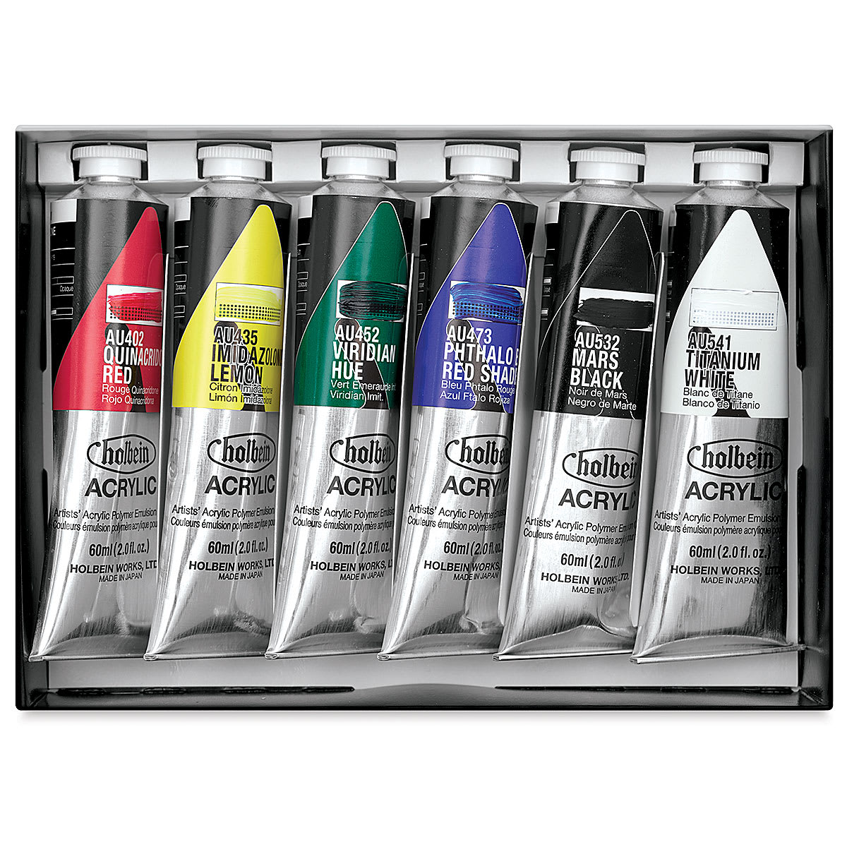 Holbein Heavy Body Acrylics - Basic Set of 6, 60 ml, Tubes (Inside of Package)