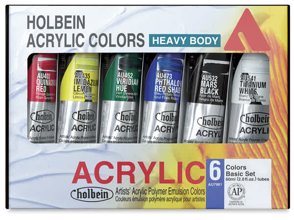 Holbein Heavy Body Acrylics - Basic Set of 6, 60 ml, Tubes (Outside of Package) Holbein Heavy Body Acrylics - Basic Set of 6, 60 ml, Tubes (Outside of Package)