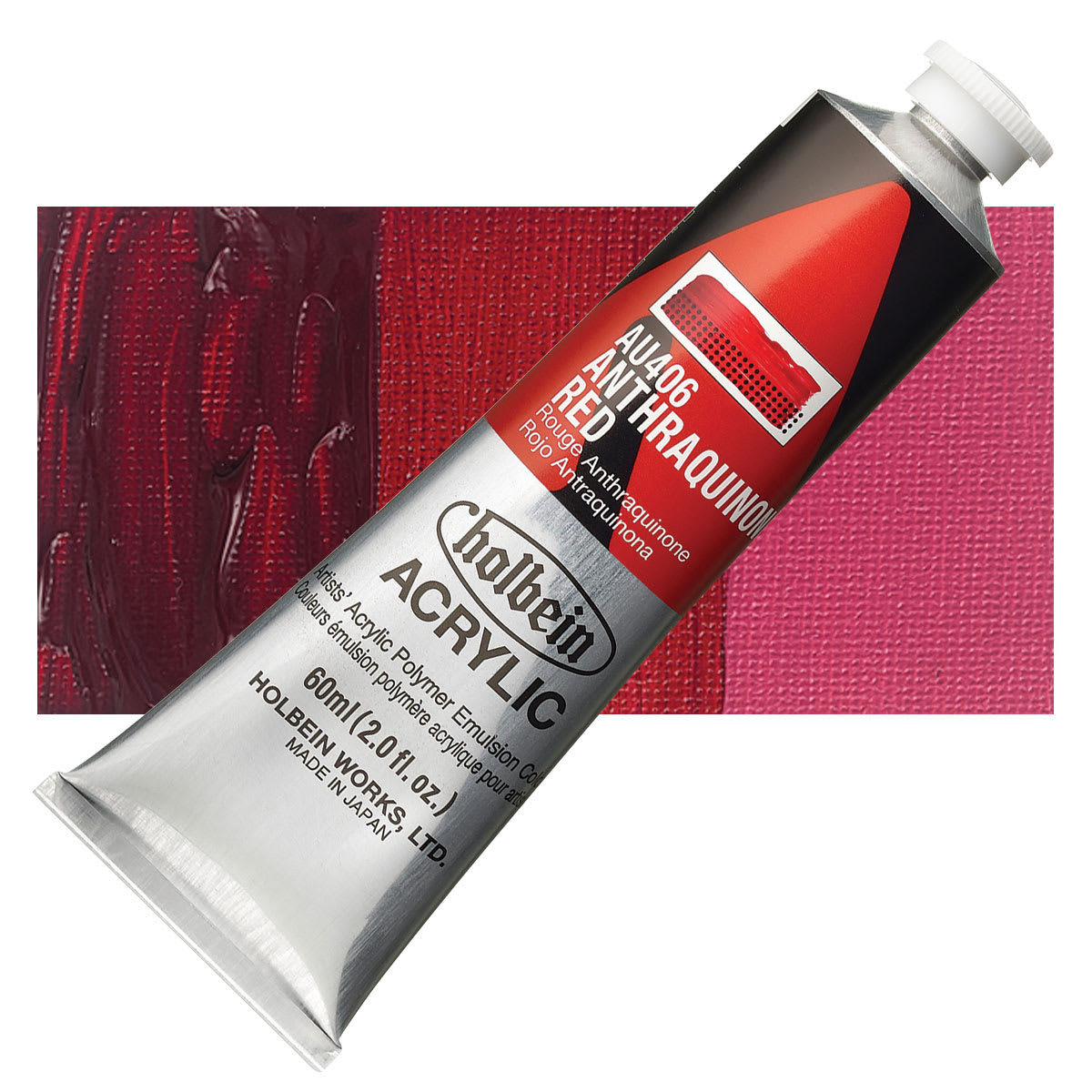 Holbein Heavy Body Artist Acrylic Paint - Anthraquinone Red, 60 ml tube and swatch