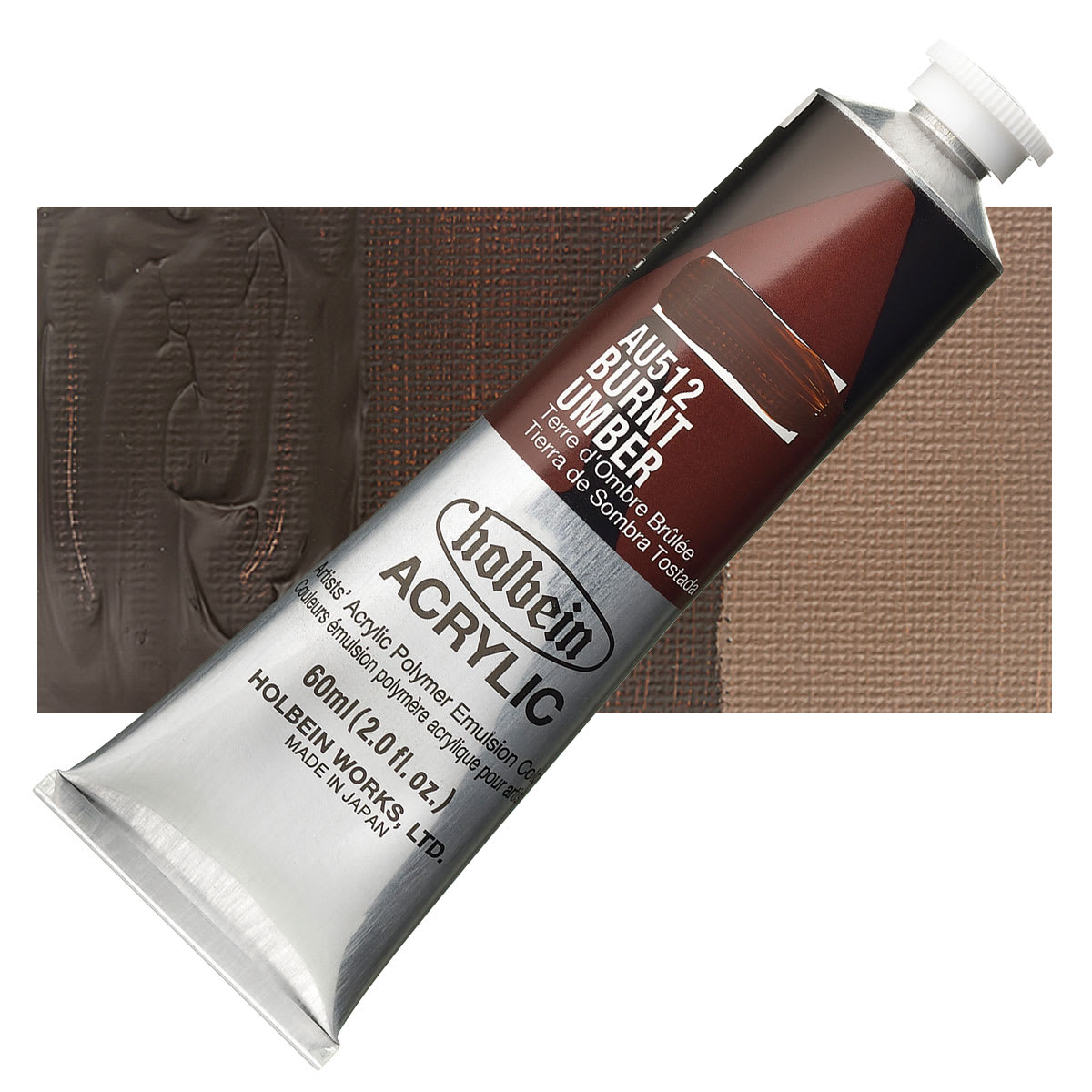Holbein Heavy Body Artist Acrylic Paint - Burnt Umber, 60 ml tube and swatch