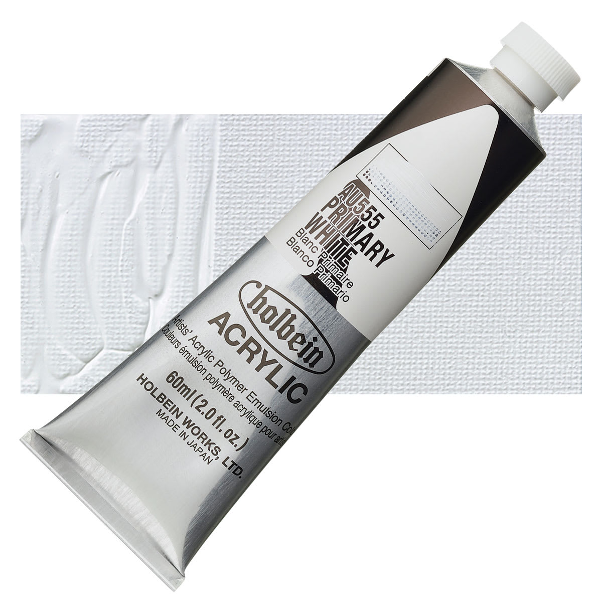 Holbein Heavy Body Artist Acrylic Paint - Primary White, 60 ml tube and swatch