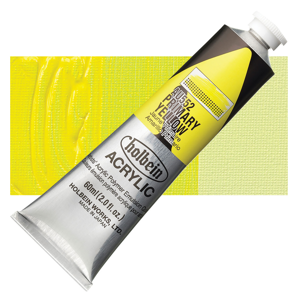Holbein Heavy Body Artist Acrylic Paint - Primary Yellow, 60 ml tube and swatch