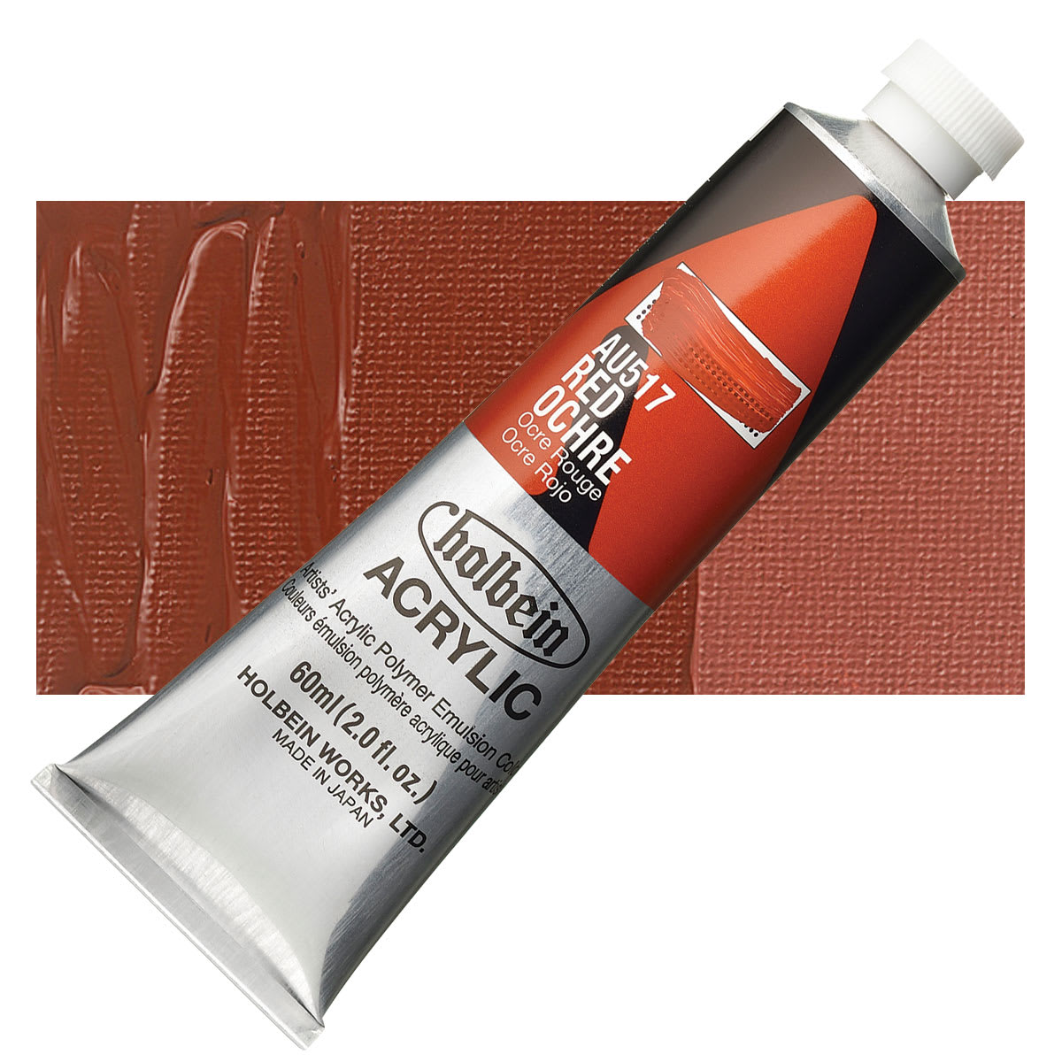 Holbein Heavy Body Artist Acrylic Paint - Red Ochre, 60 ml tube and swatch