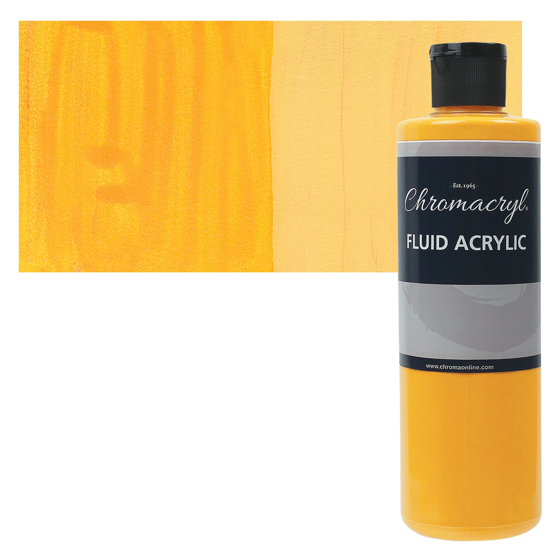 Chromacryl Fluid Acrylic - Warm Yellow, 250 ml bottle and swatch