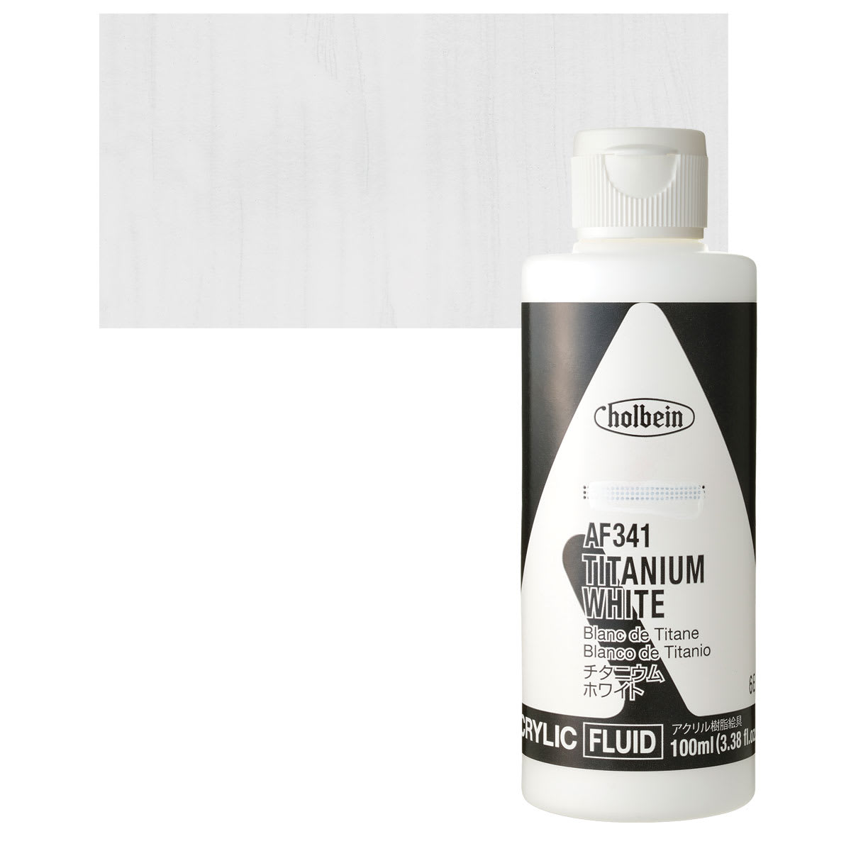 Holbein Fluid Acrylic Paint - Titanium White, 100 ml Bottle and swatch