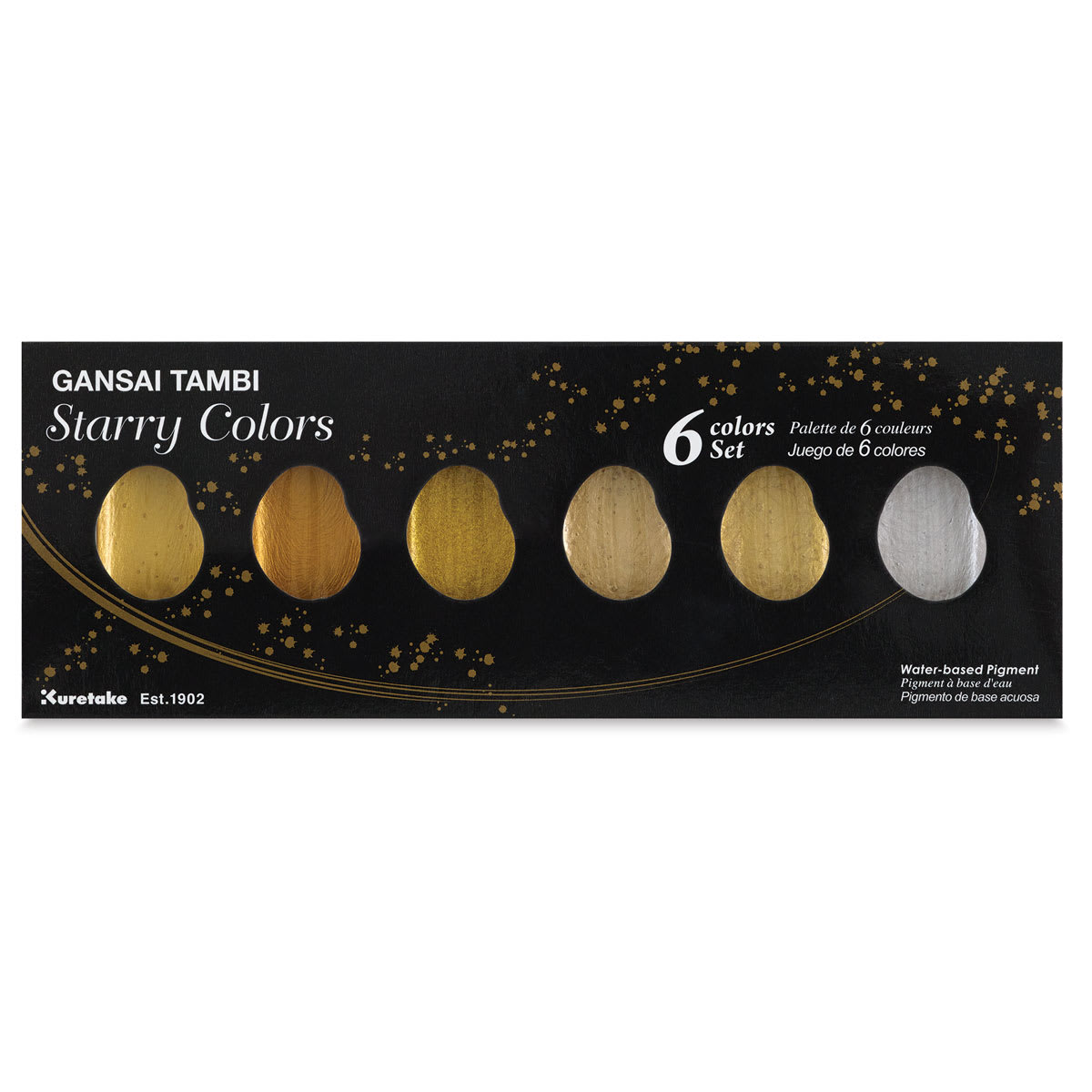 Kuretake Gansai Tambi Watercolor Paint Pan - Set of 6, Starry Colors. Front of package.
