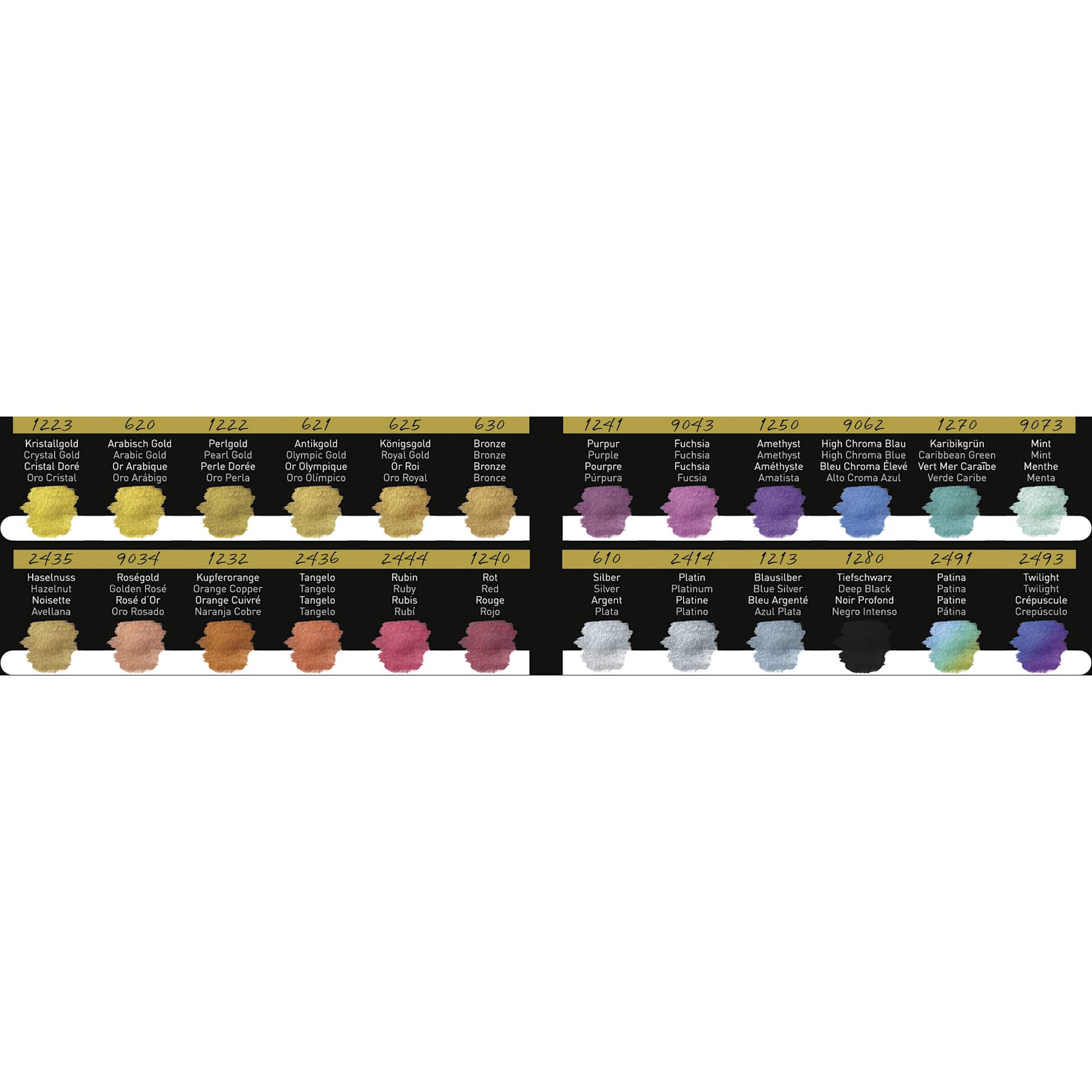 Finetec Artist Mica Watercolor - Pearlescent Set of 24, color chart