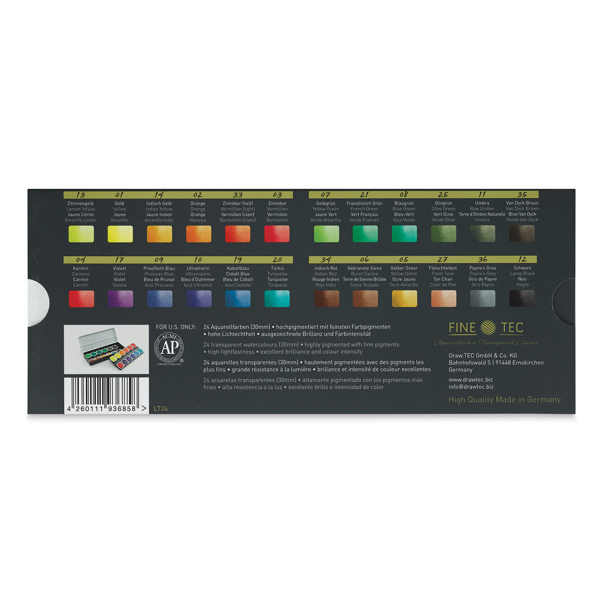 Finetec Transparent Watercolor - Assorted Colors, Set of 24 (Back of packaging) Finetec Transparent Watercolor - Assorted Colors, Set of 24 (Back of packaging)