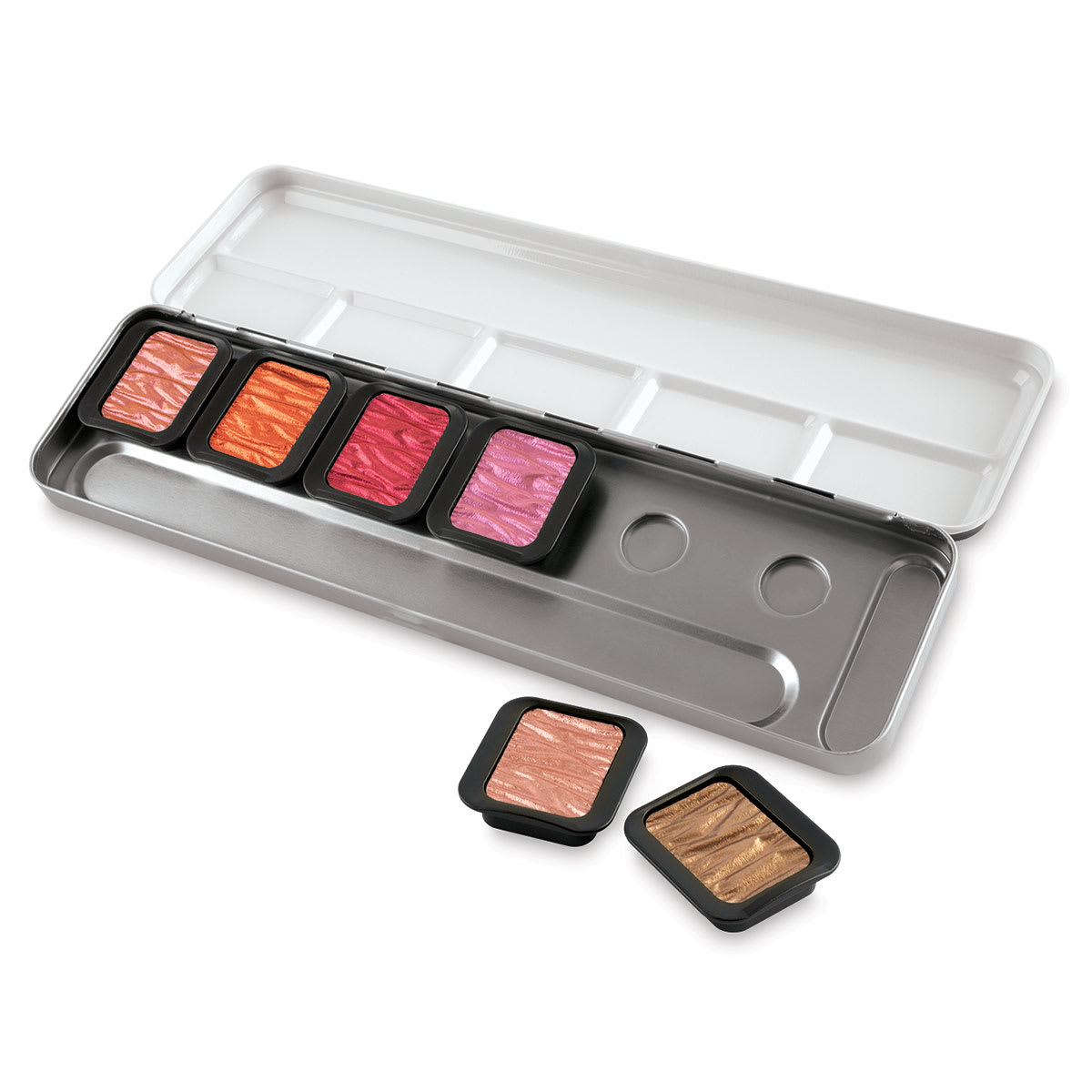 Finetec Artist Mica Watercolor - Warm Colors Set of 6. In package, two pans out of package. Finetec Artist Mica Watercolor - Warm Colors Set of 6. In package, two pans out of package.