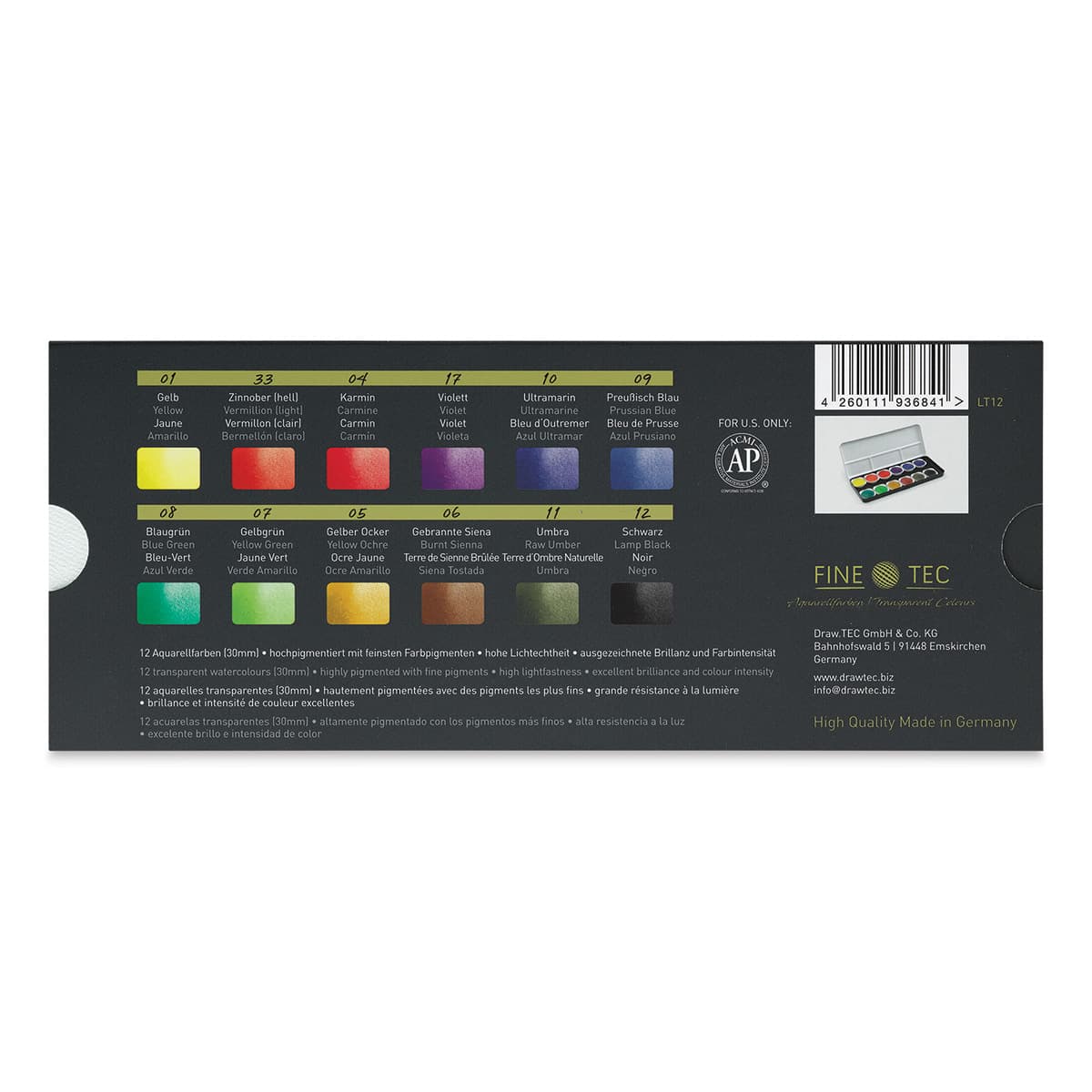 Finetec Transparent Watercolor Pan Set - Assorted Colors, Set of 12 (Back of packaging) Finetec Transparent Watercolor Pan Set - Assorted Colors, Set of 12 (Back of packaging)