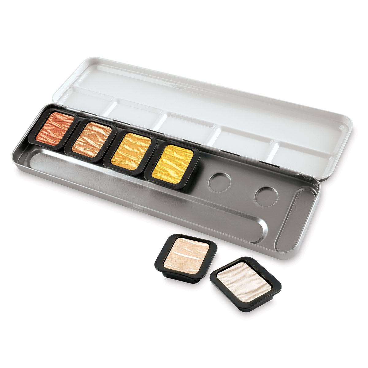Finetec Artist Mica Watercolor - Bronze, Gold, & Silver Set of 6. In package, two pans out of package. Finetec Artist Mica Watercolor - Bronze, Gold, & Silver Set of 6. In package, two pans out of package.