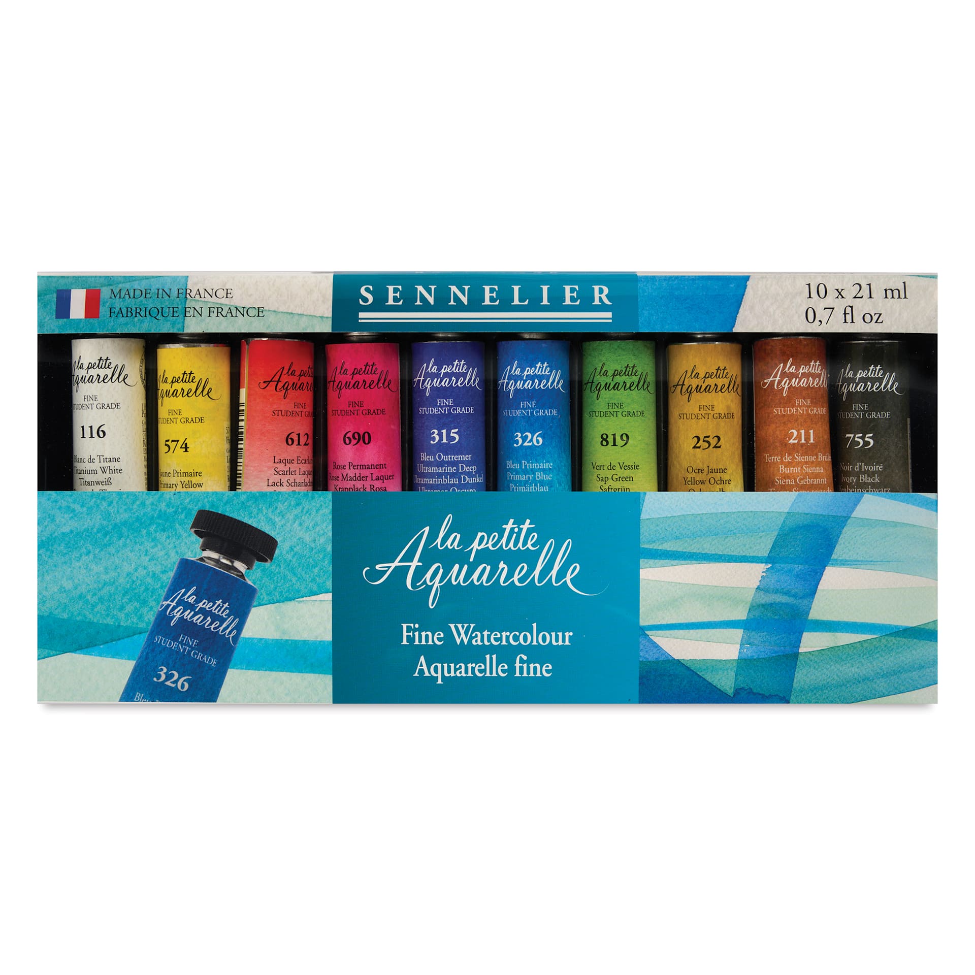 Sennelier La Petite Aquarelle Watercolors - Set of 10 Tubes front of package Sennelier La Petite Aquarelle Watercolors - Set of 10 Tubes front of package