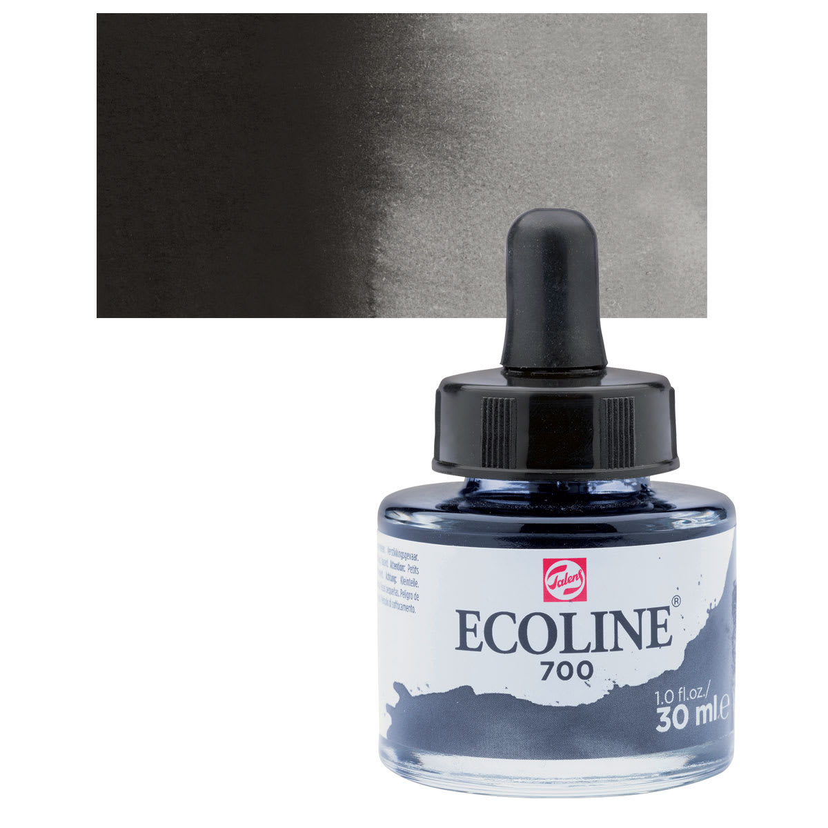Ecoline Liquid Watercolor with Dropper - Black, 30 ml jar and swatch