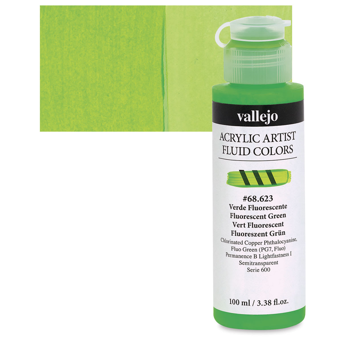 Vallejo Fluid Acrylic - Fluorescent Green, 100 ml and swatch