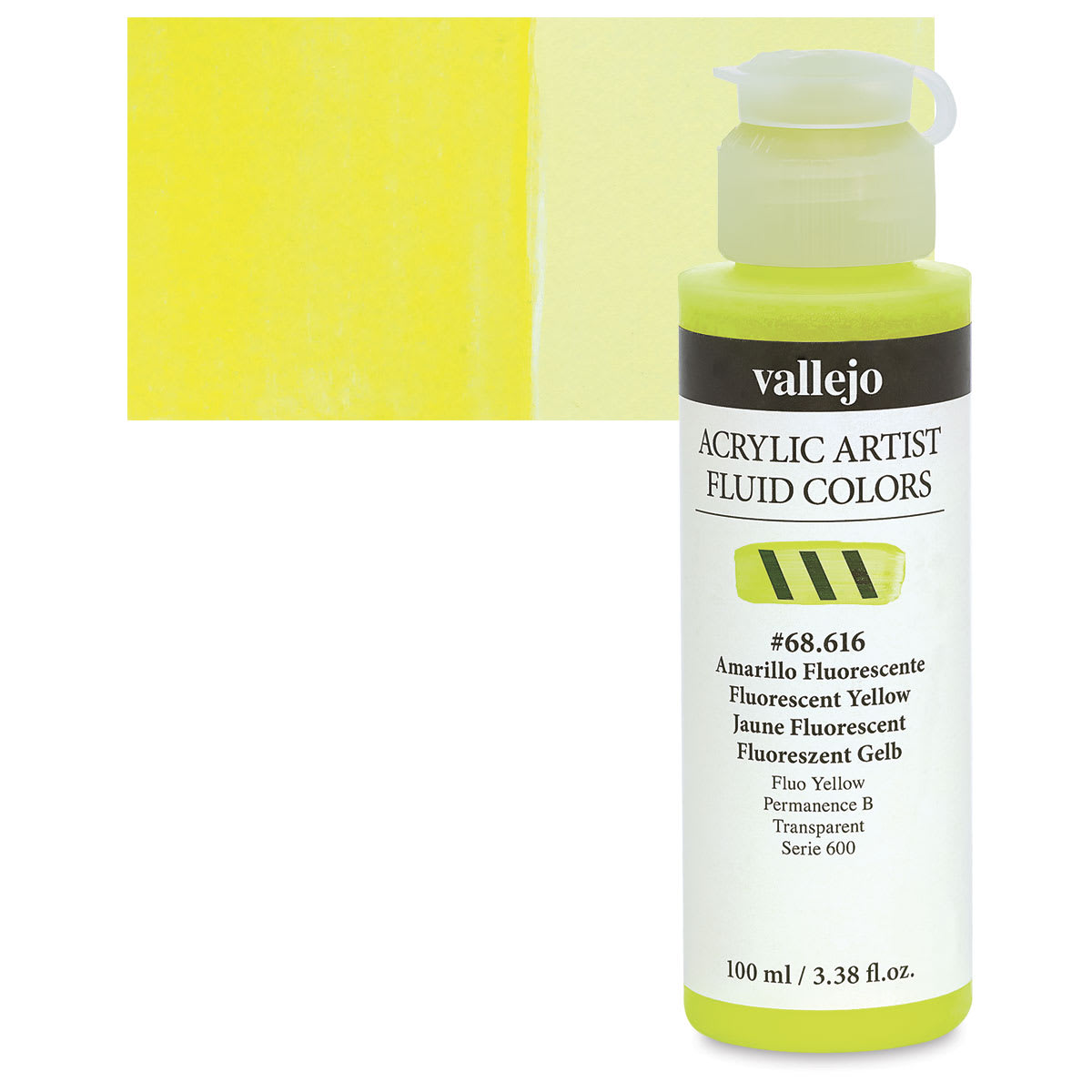 Vallejo Fluid Acrylic - Fluorescent Yellow, 100 ml and swatch