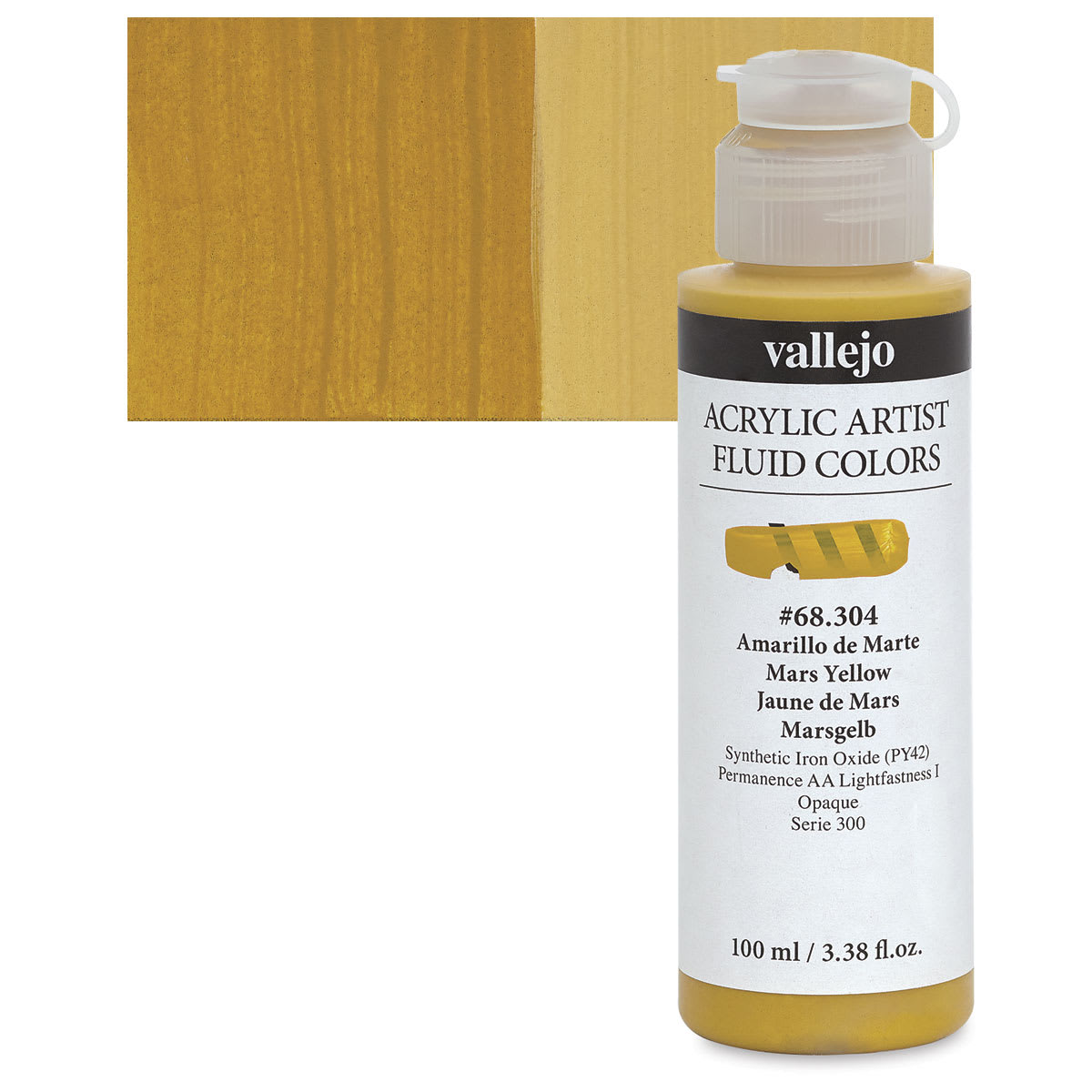 Vallejo Fluid Acrylic - Mars Yellow, 100 ml and swatch