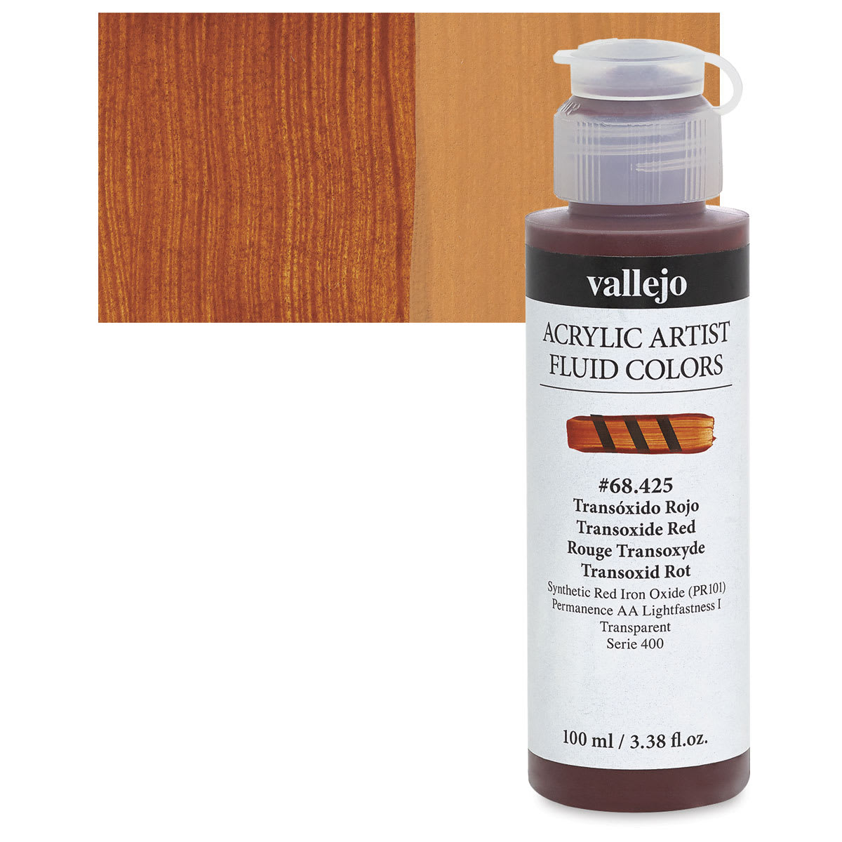 Vallejo Fluid Acrylic - Transoxide Red, 100 ml and swatch