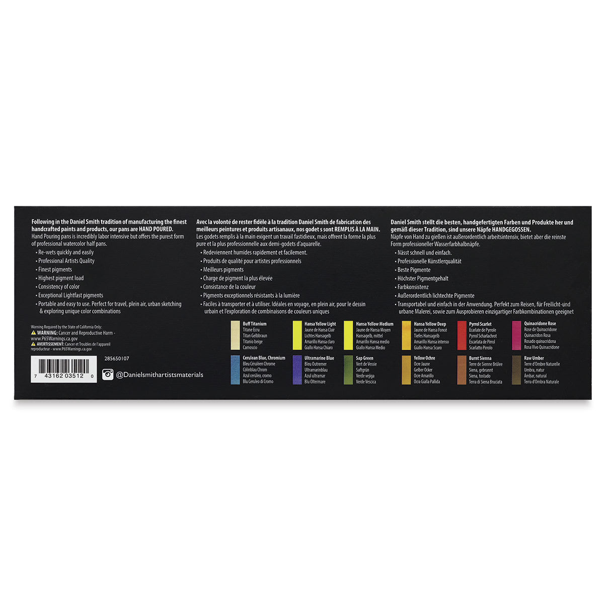 Daniel Smith Watercolor Half Pan Sets - Metal Box, Set of 12 Colors back of package