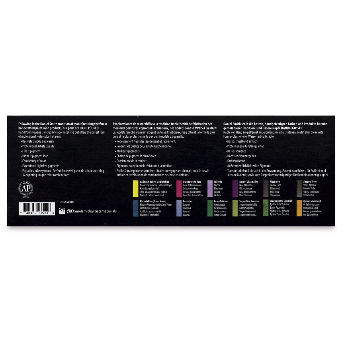 Daniel Smith Watercolor Half Pan Set - Metal Box, Set of 12, Colors of Inspiration back of package