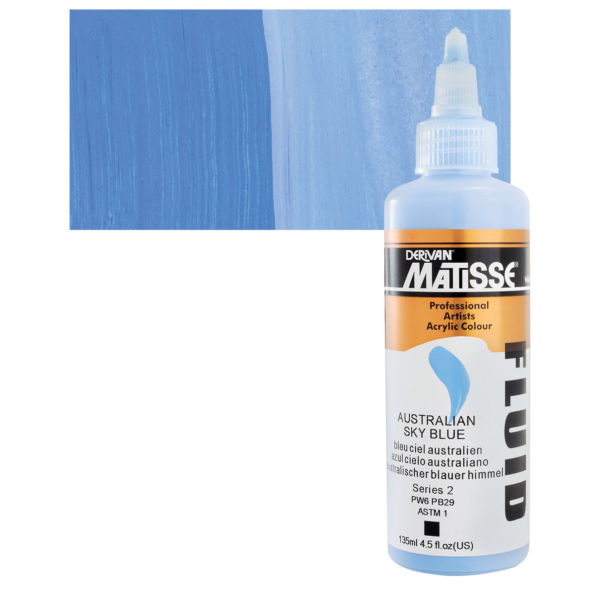 Matisse Fluid Acrylic - Australian Sky Blue, 135 ml bottle and swatch