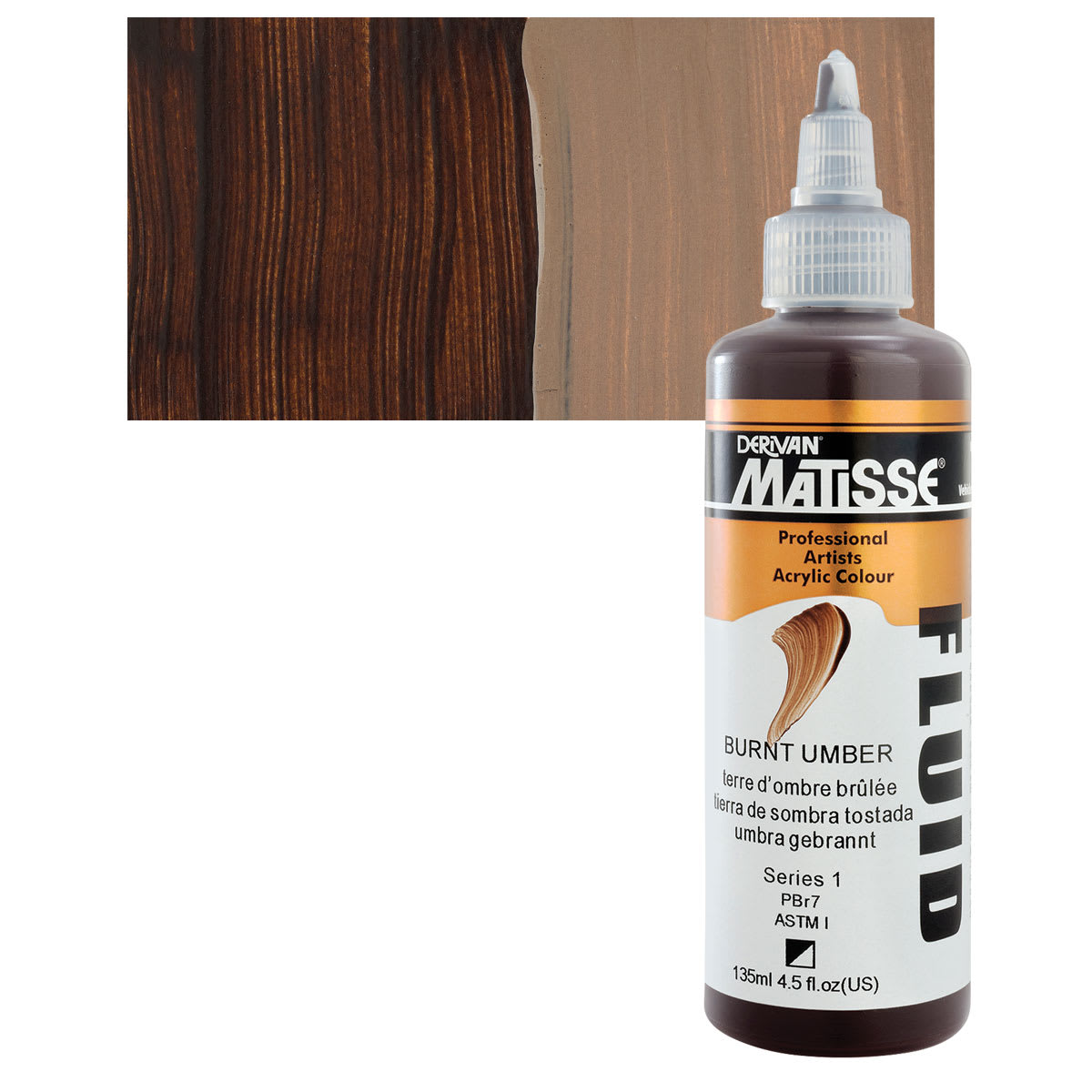 Matisse Fluid Acrylic - Burnt Umber, 135 ml bottle and swatch