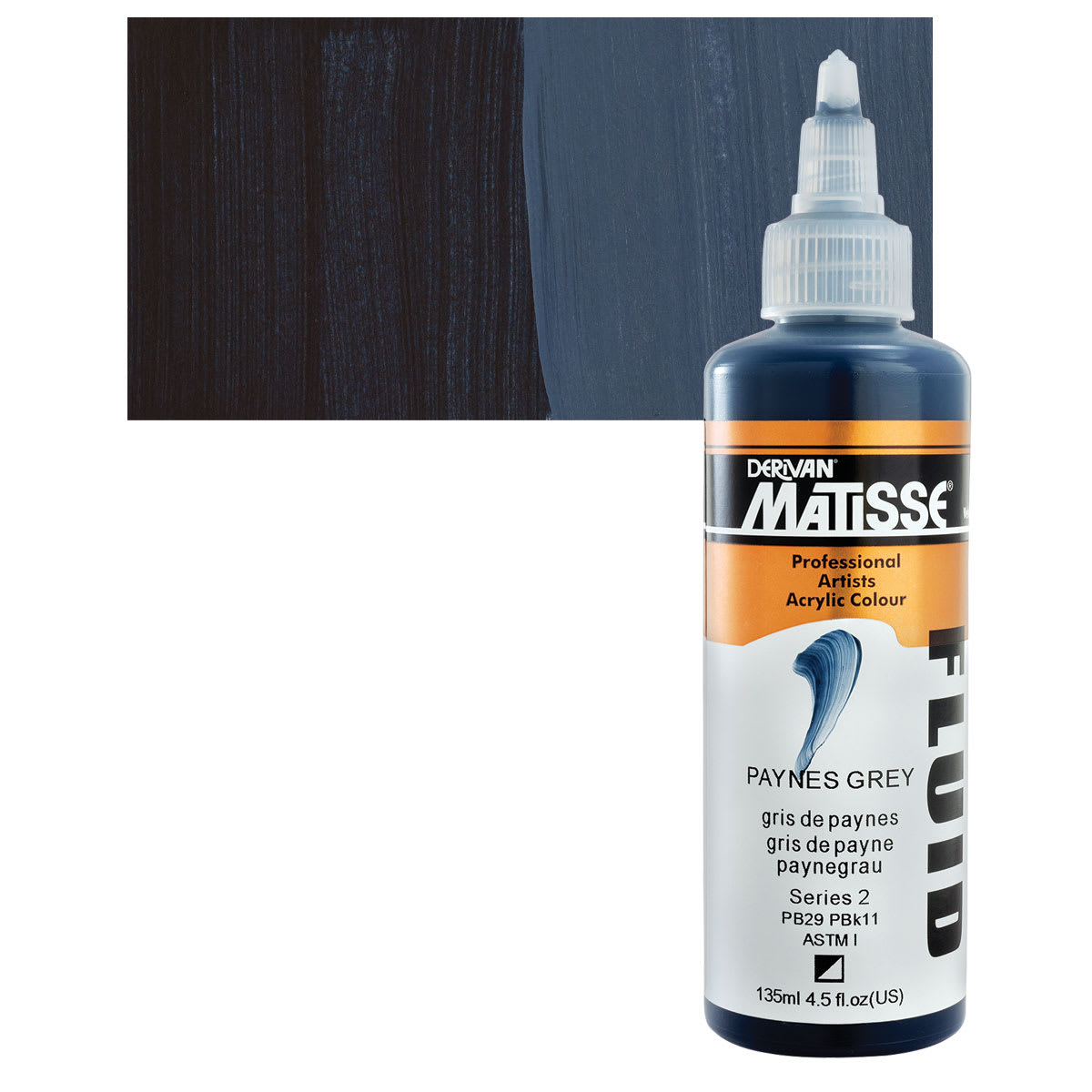 Matisse Fluid Acrylic - Paynes Gray, 135 ml bottle and swatch
