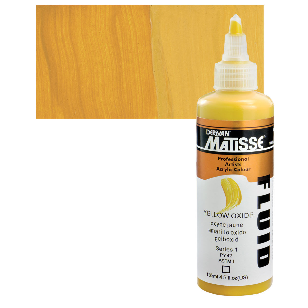 Matisse Fluid Acrylic - Yellow Oxide, 135 ml bottle and swatch