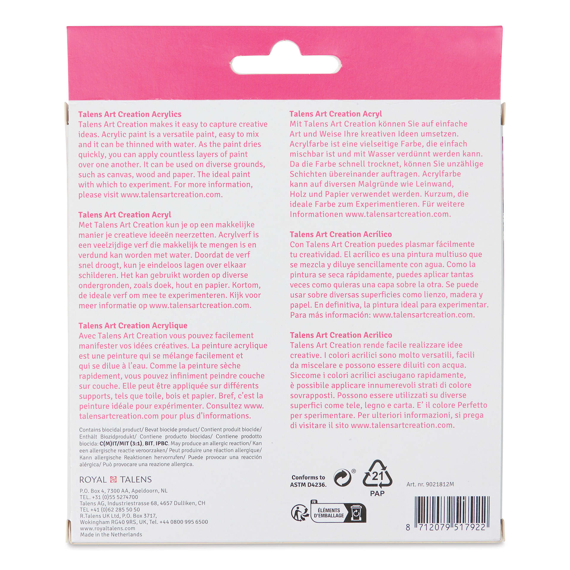 Talens Art Creation Acrylic Set - Set of 12, 12 ml tubes, back of packaging