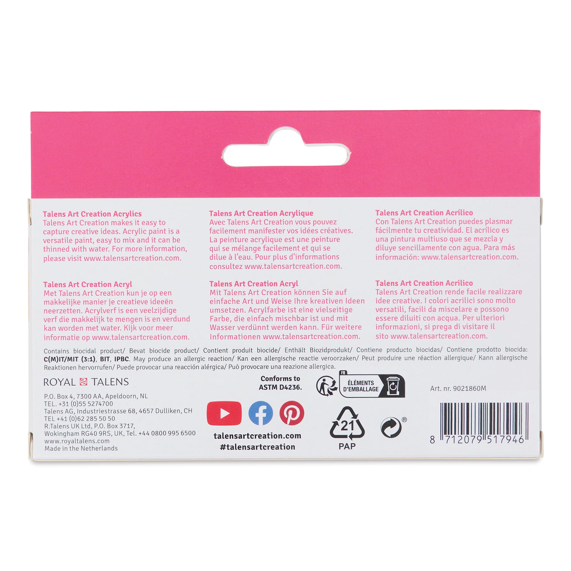 Talens Art Creation Acrylics - Set of 6, Primary, 12 ml Tubes back of package