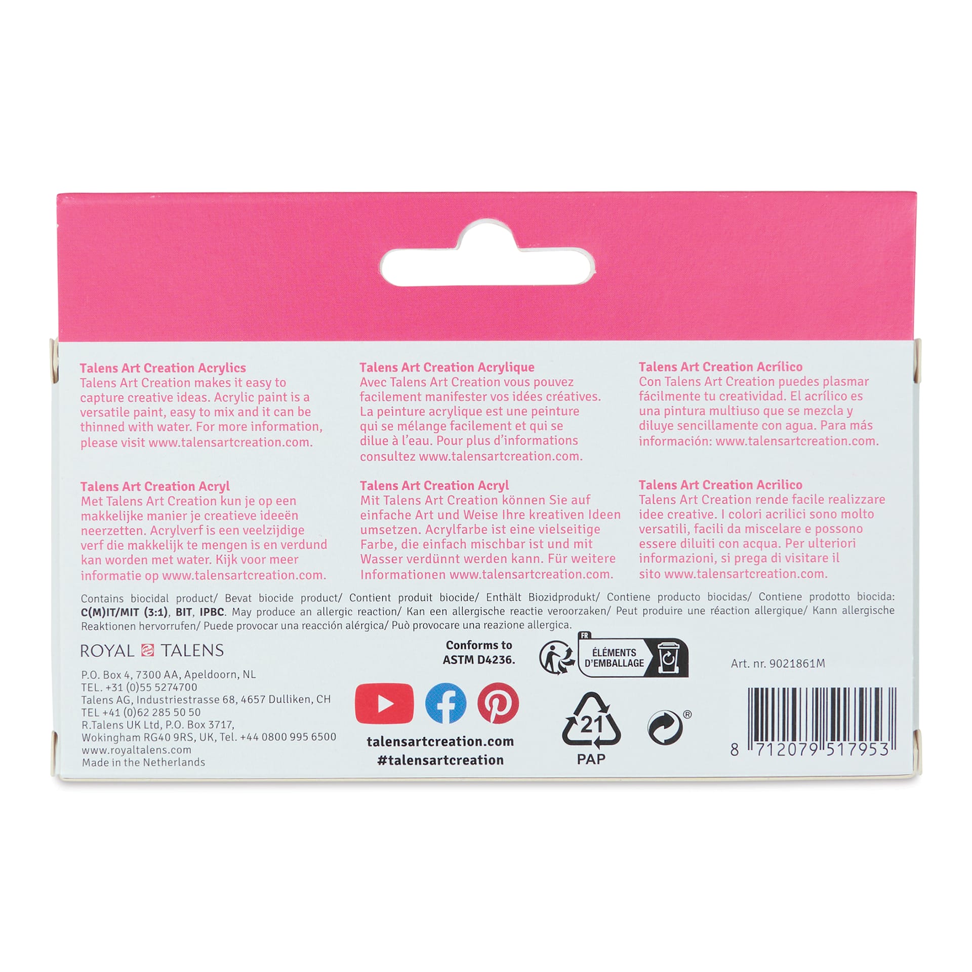 Talens Art Creation Acrylics - Set of 6, Metallic, 12 ml Tubes back of package