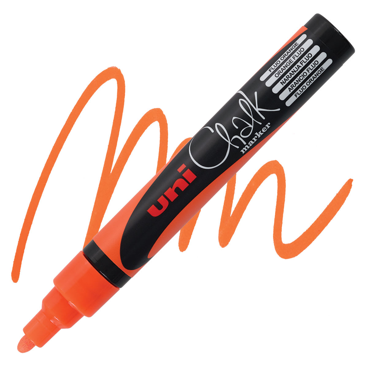 Uni Chalk Marker - Fluorescent Orange, 5 mm marker and swatch