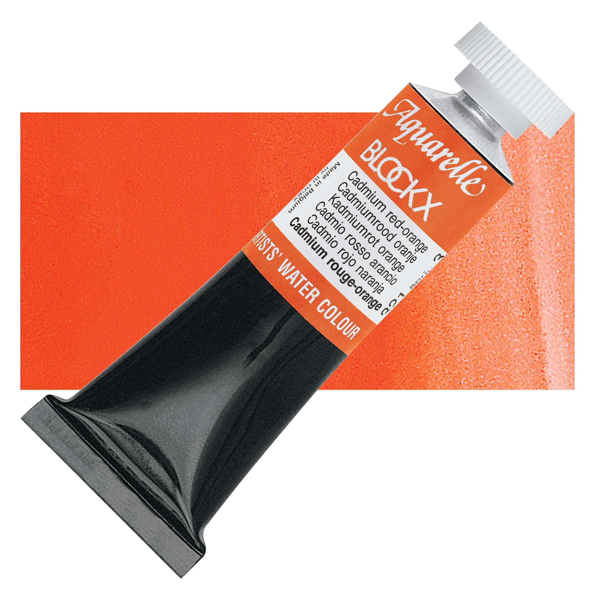 Blockx Artists' Watercolor - Cadmium Red Orange, 15 ml tube and swatch