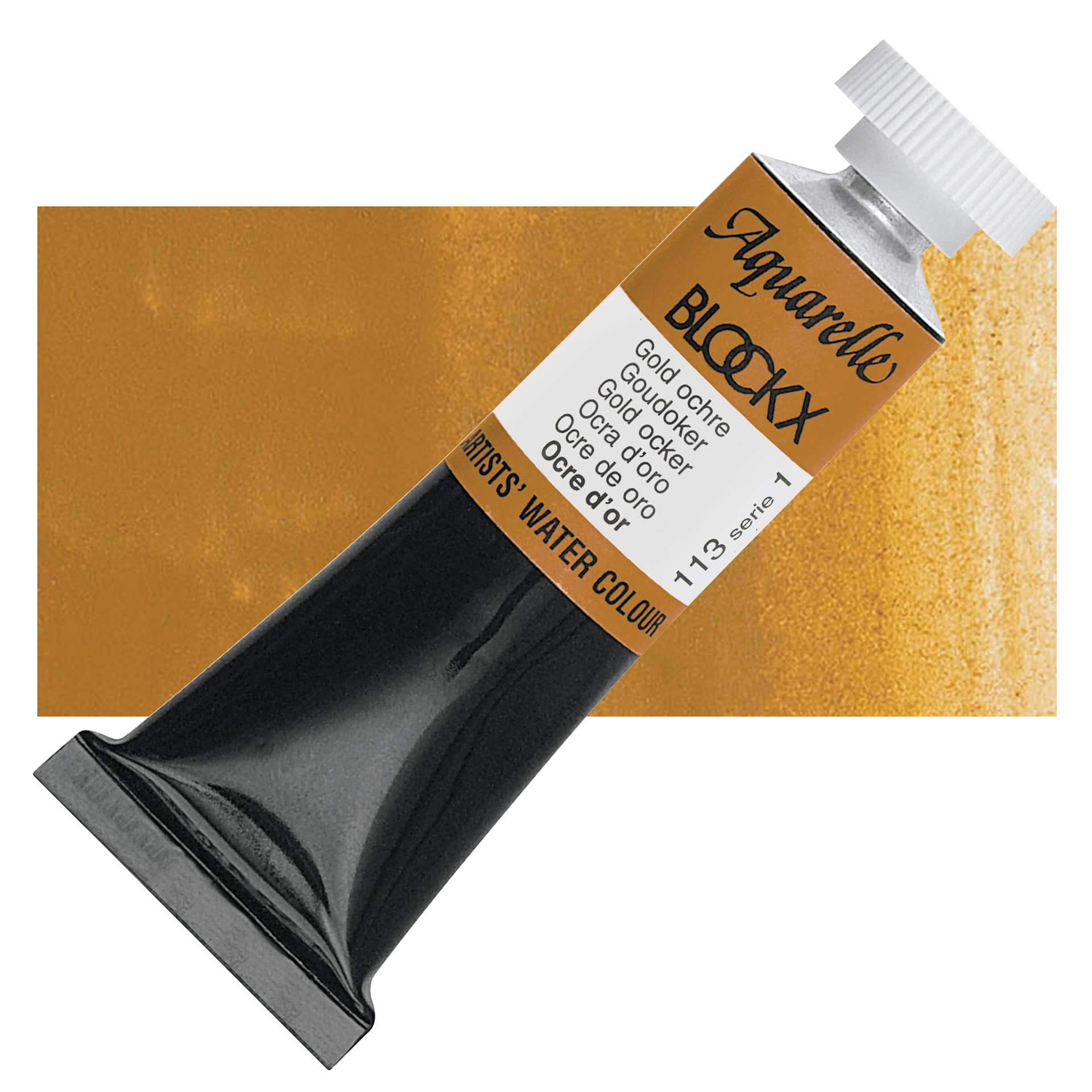 Blockx Artists' Watercolor - Gold Ochre, 15 ml Tube and swatch