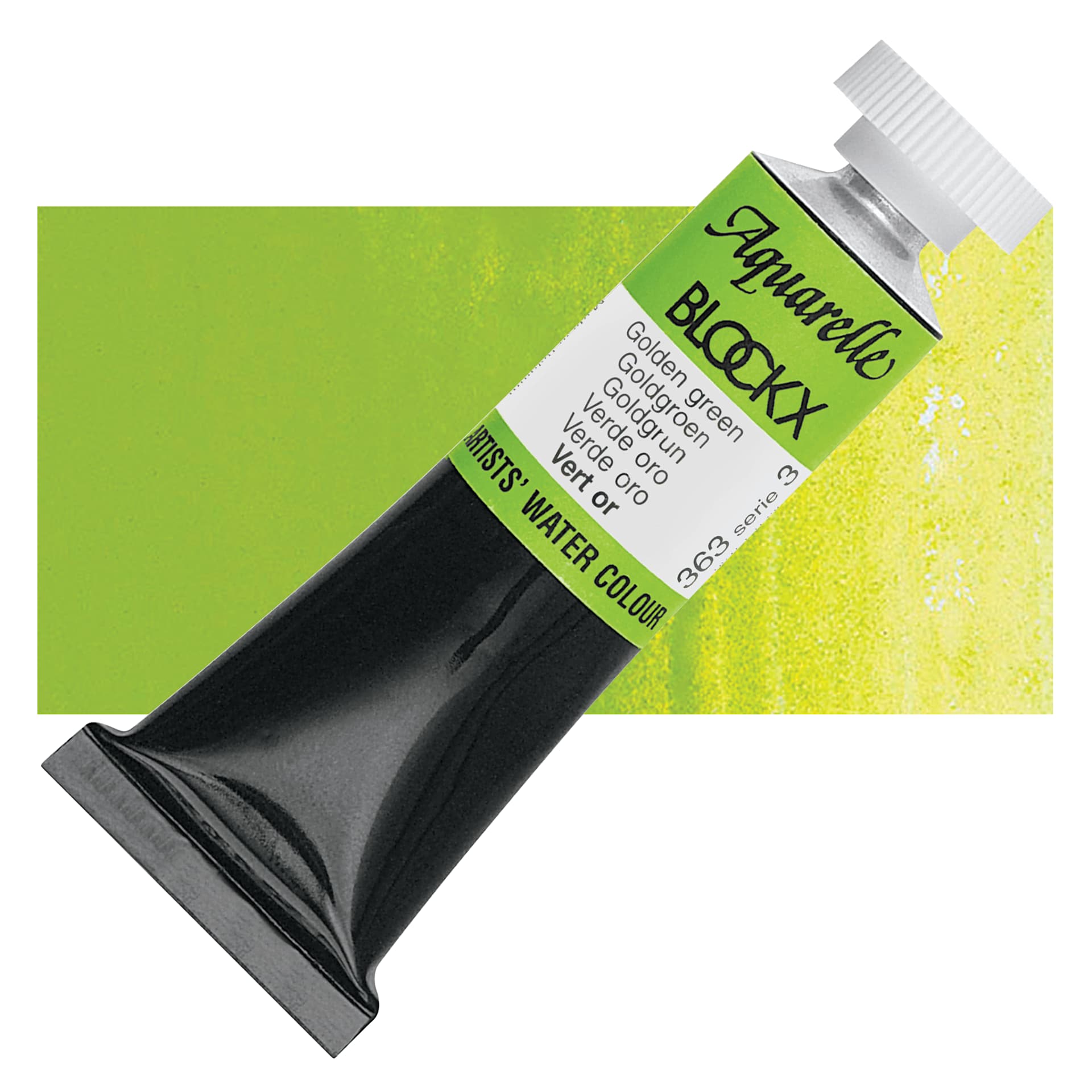 Blockx Artists' Watercolor - Golden Green, 15 ml Tube and swatch