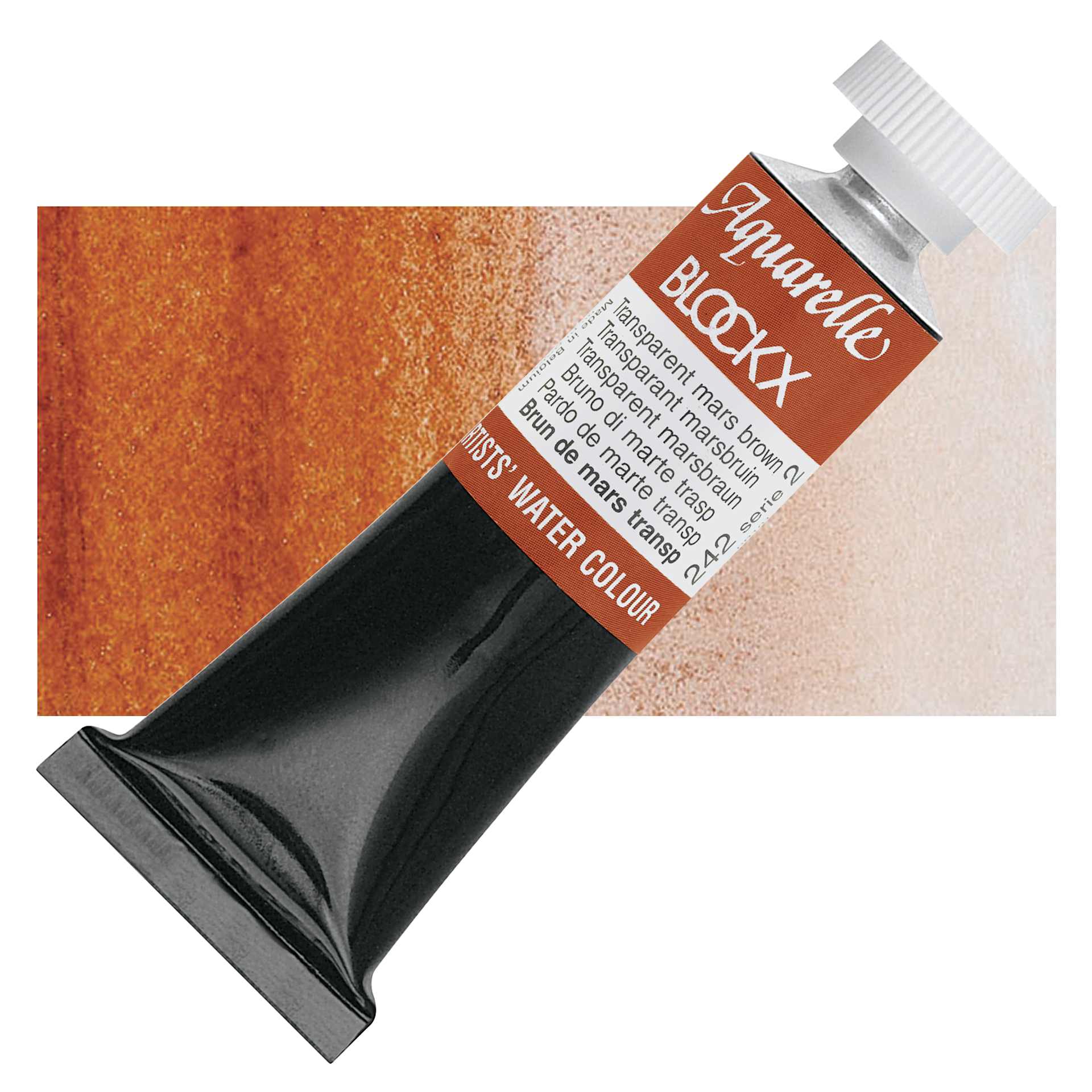 Blockx Artists' Watercolor - Transparent Mars Brown, 15 ml Tube and swatch