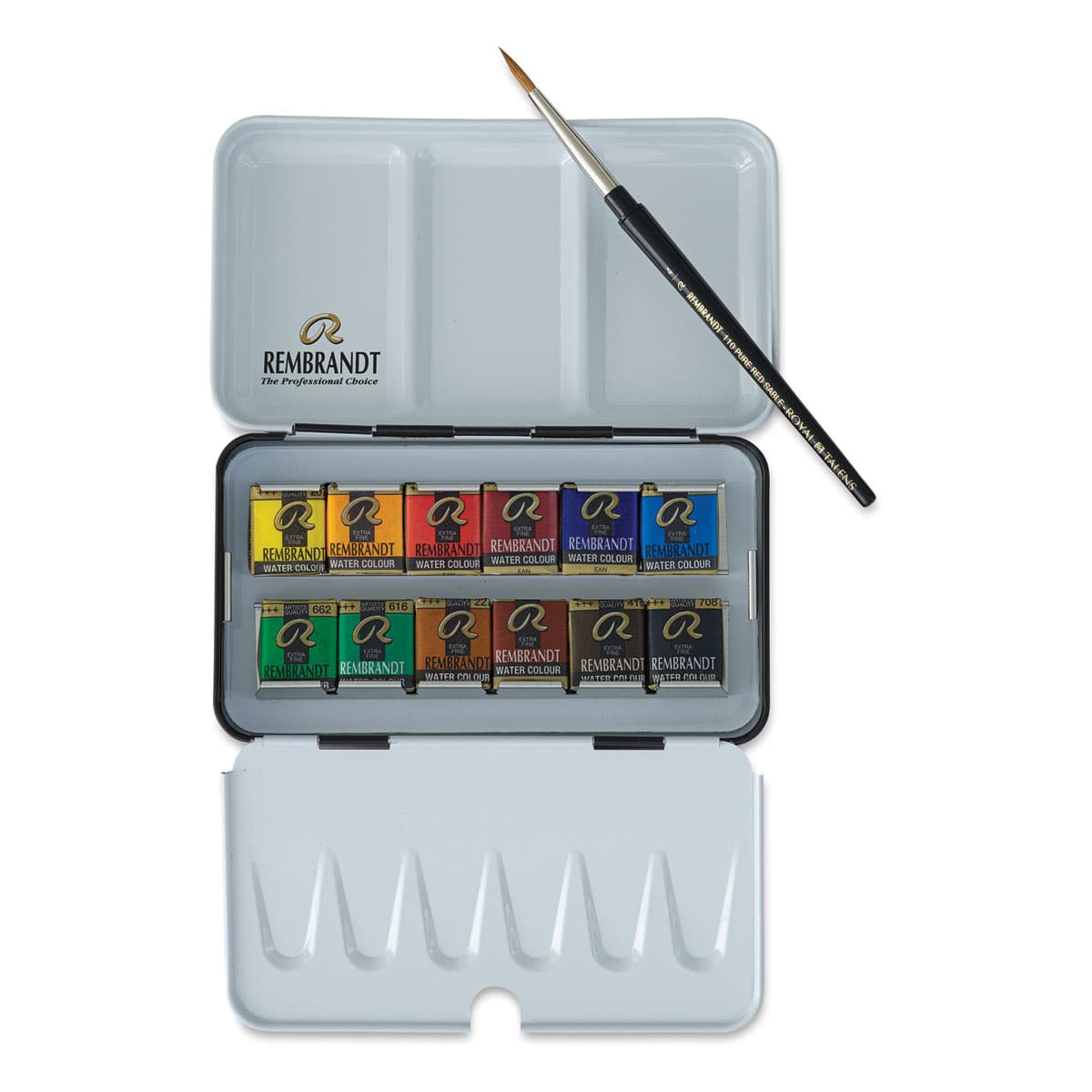 Rembrandt Watercolor Half Pan Set - 12 colors shown in open tin with included sable brush Rembrandt Watercolor Half Pan Set - 12 colors shown in open tin with included sable brush
